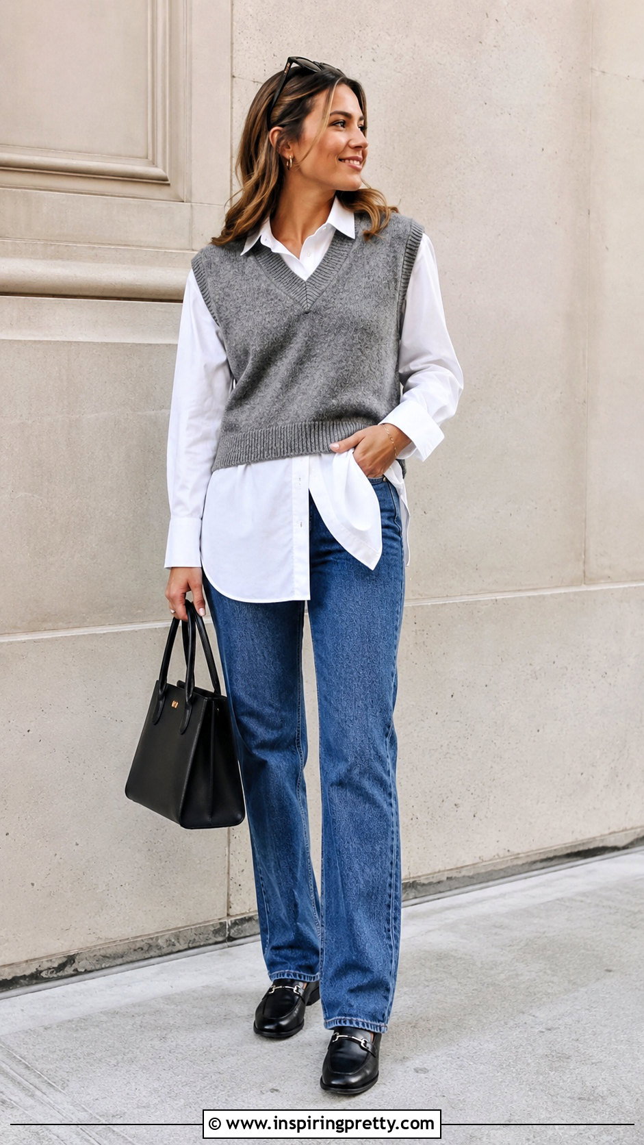 Sweater Vest Top Over A White Shirt - 50 vest top outfits for women