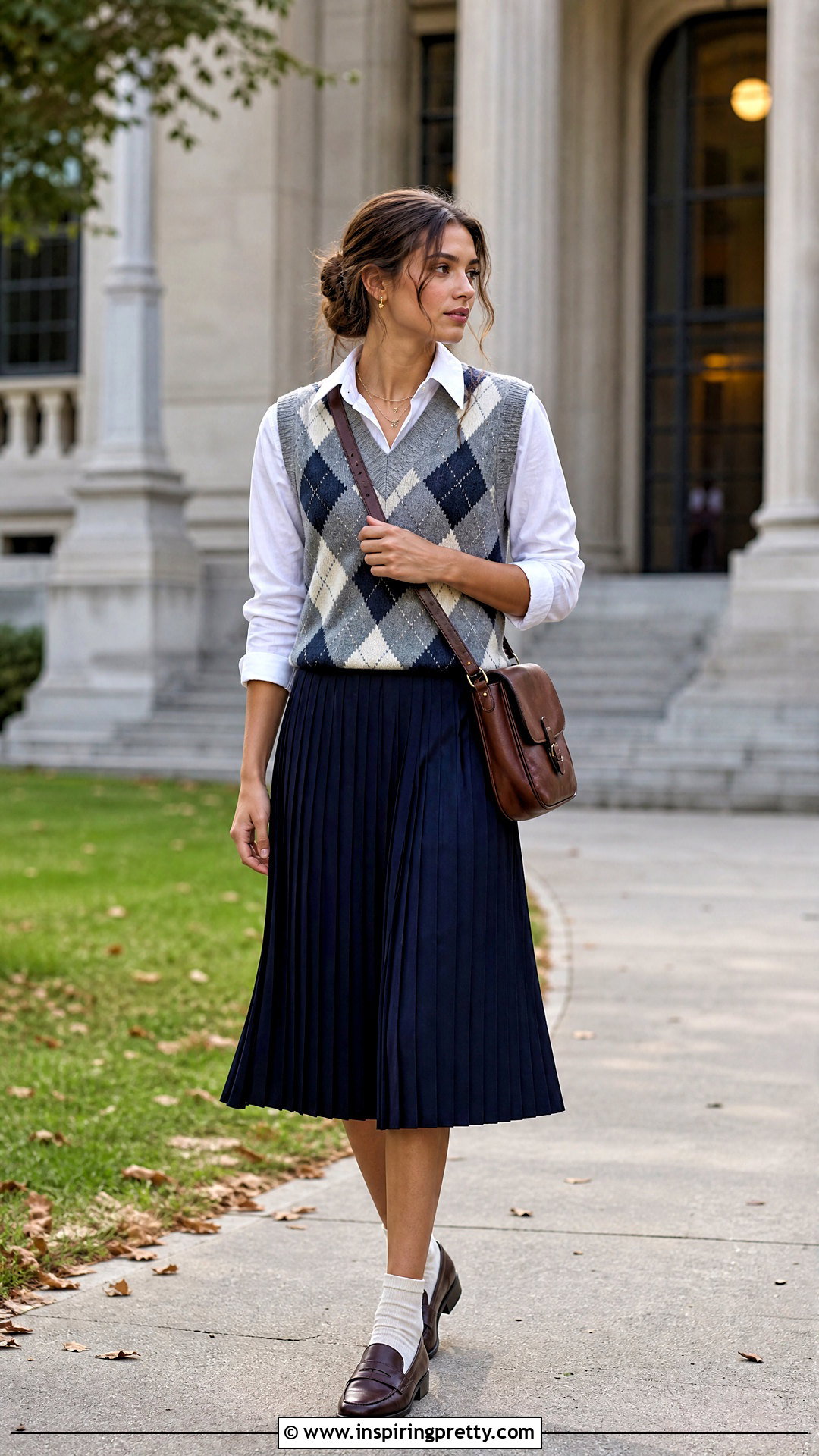 Sweater Vest Top With A Collared Shirt And Skirt - 50 cute aesthetic tops outfit ideas