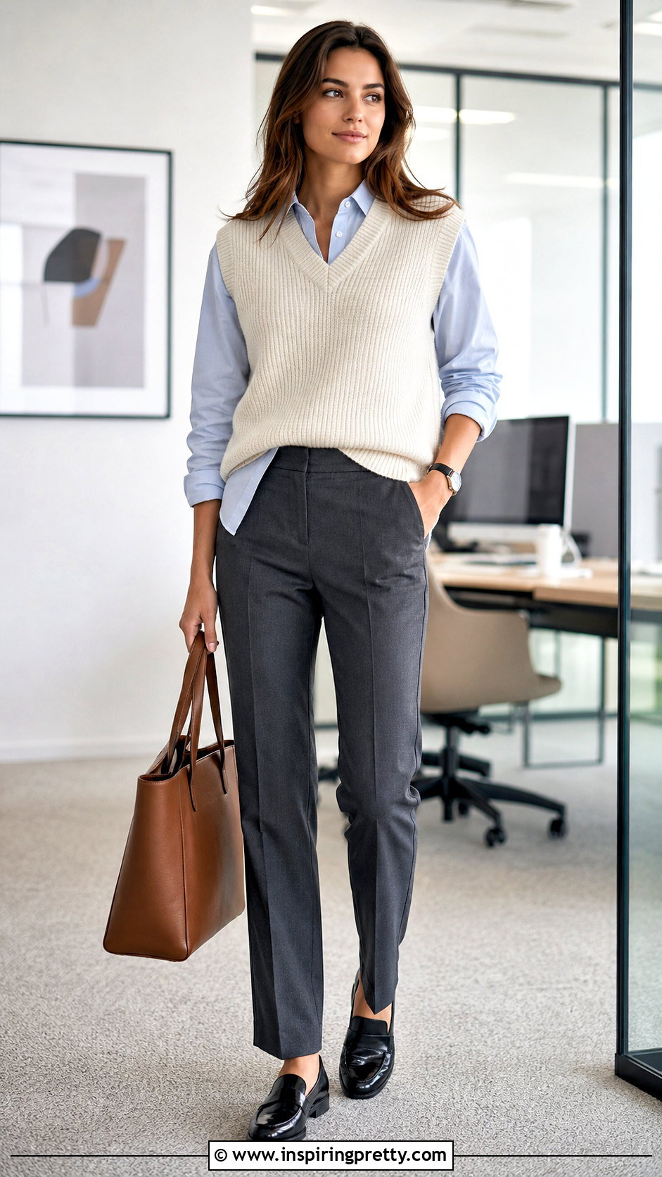 Sweater Vest Top With Shirt And Trousers - 50 modern tops outfit ideas