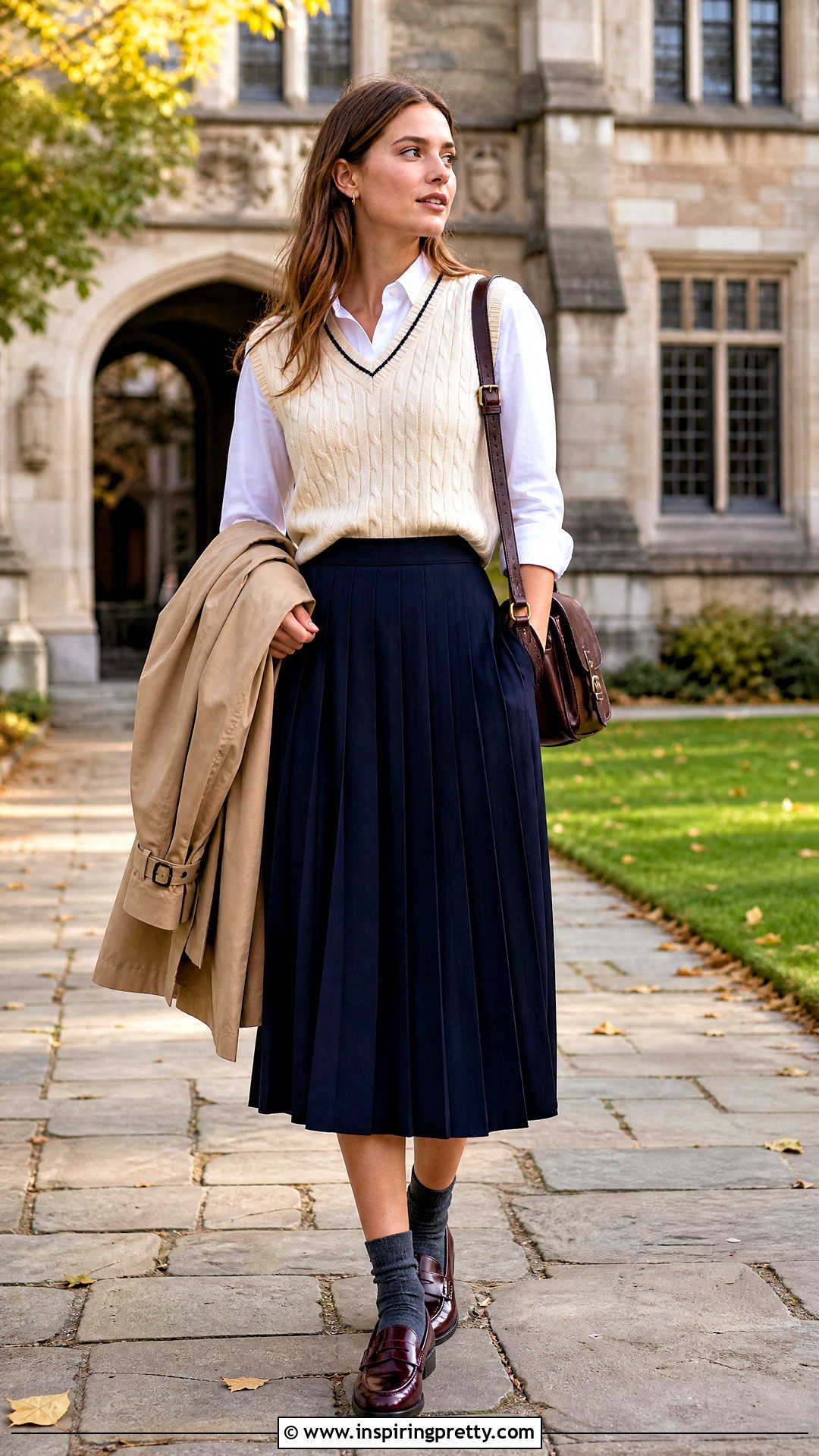 Sweater Vest With Pleated Midi Skirt - 50 cute top outfit ideas