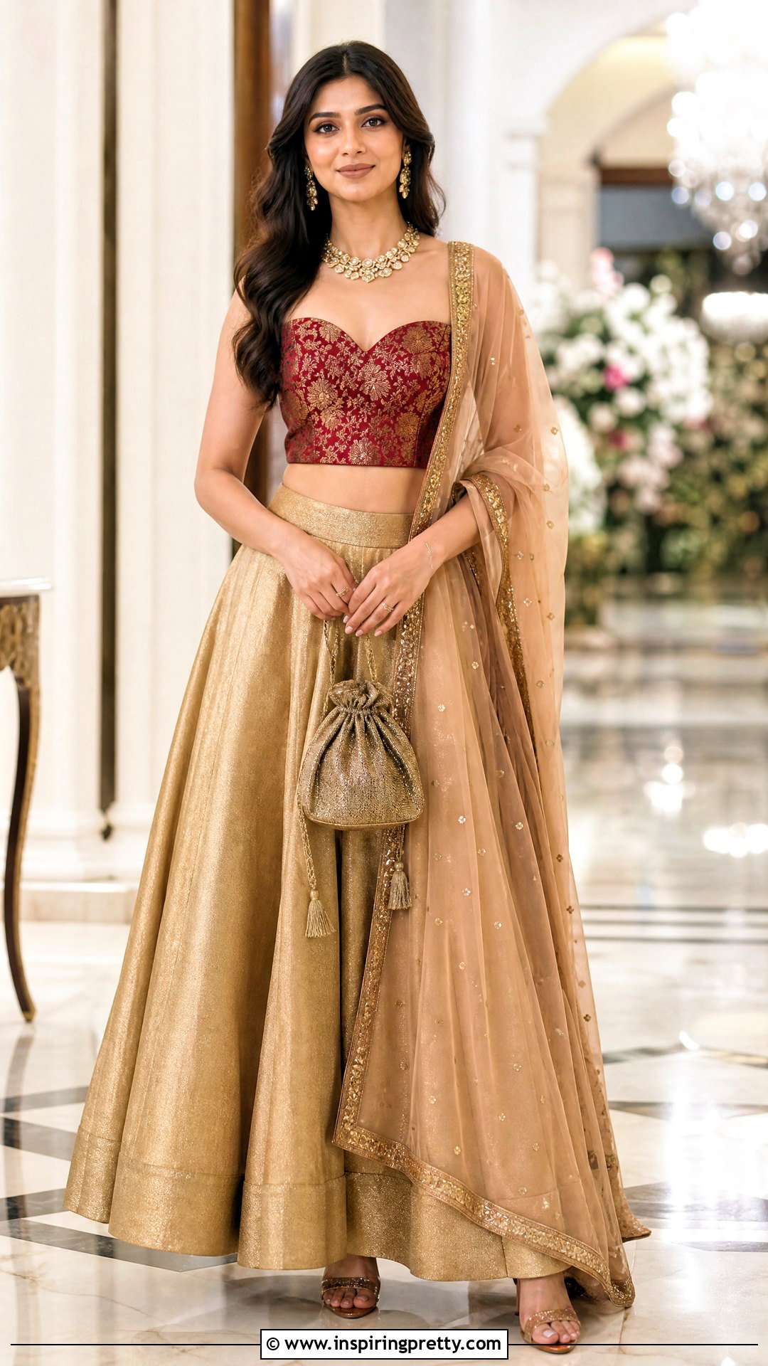 Sweetheart Neck Brocade Top With Flared Lehenga - 50 brocade top designs