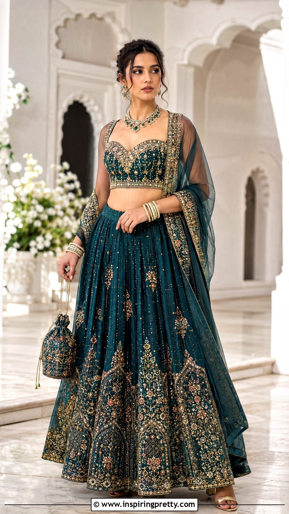 Sweetheart Neck Crop Top Blouse With Embroidered Lehenga - 20 Crop Top Blouse Designs For Lehanga Outfit Ideas