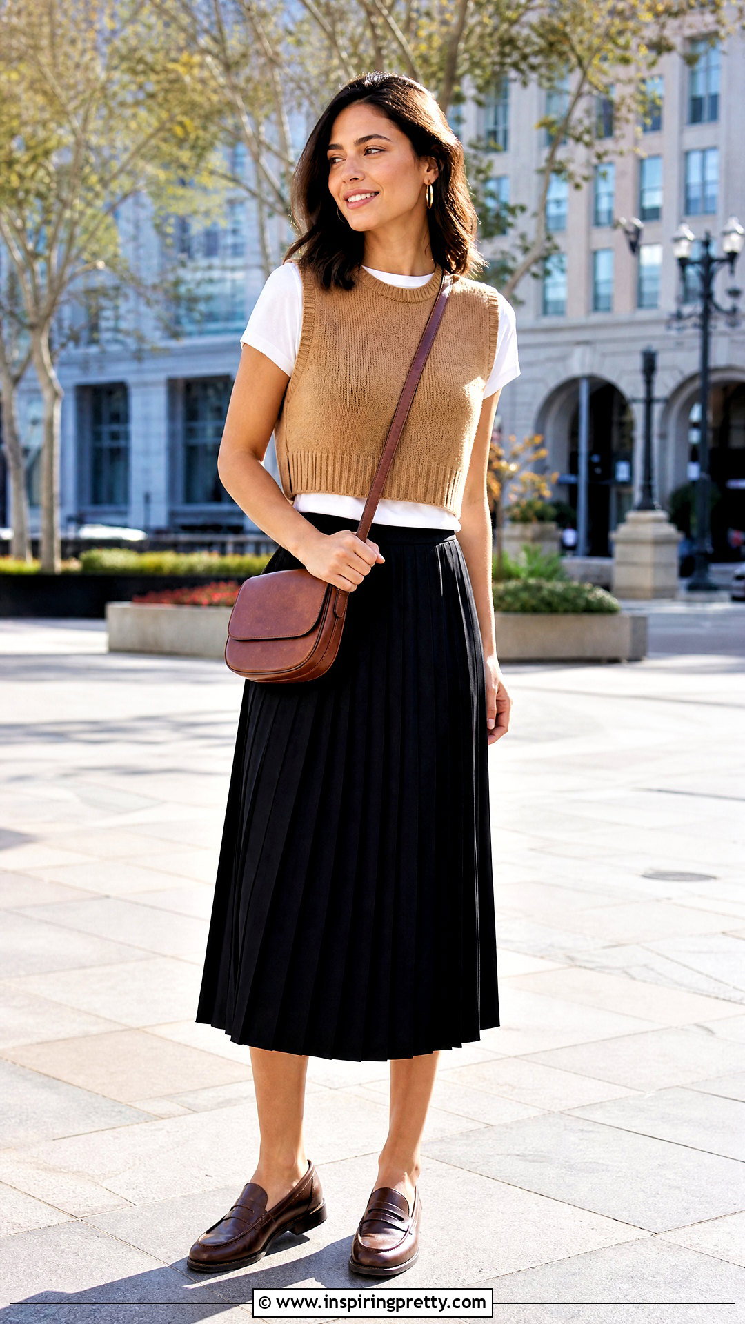 T Shirt Under Knit Vest With Midi Skirt Outfit - 50 layering tops outfit ideas
