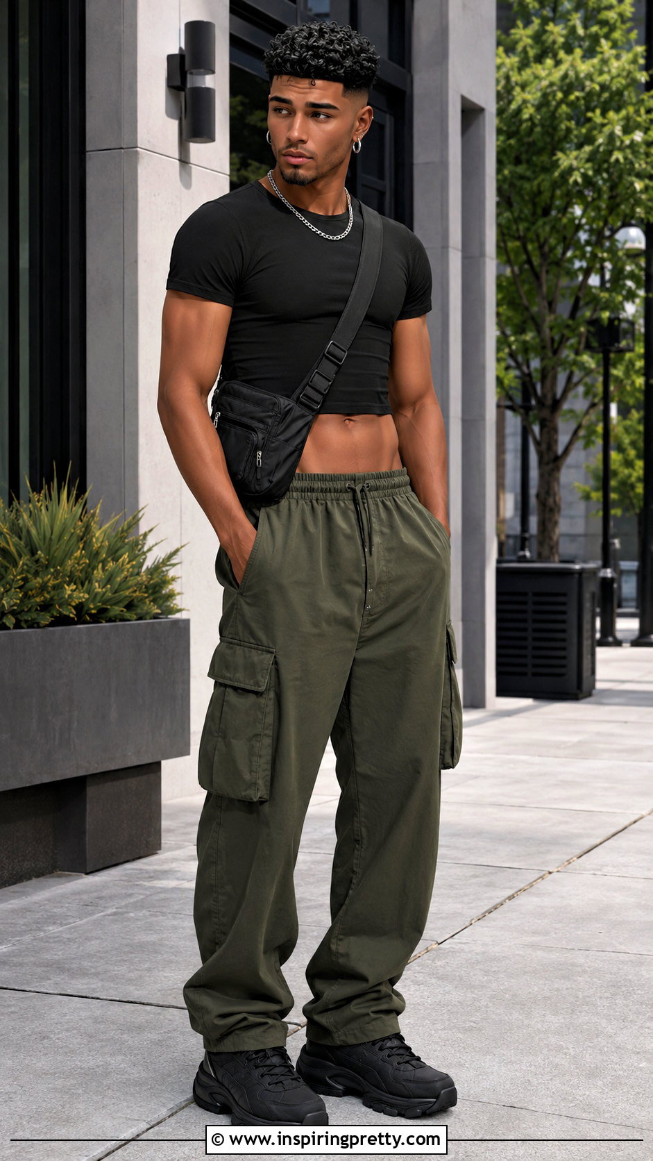 TS Male Black Crop Top With Cargo Pants - 25 ts4 male crop top outfit ideas