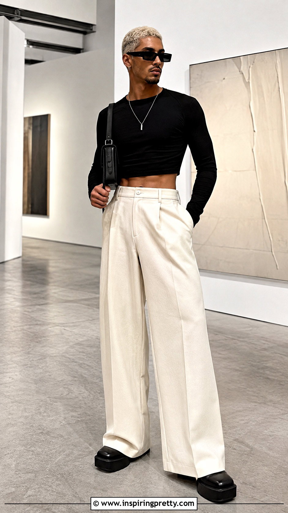 TS Male Long Sleeve Crop Top With Wide Leg Pants - 25 ts4 male crop top outfit ideas