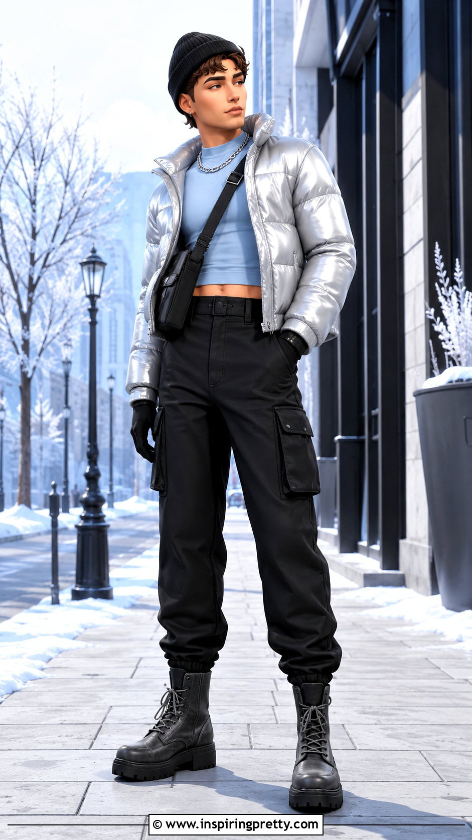 TS Male Winter Crop Top With Puffer Jacket - 25 ts4 male crop top outfit ideas