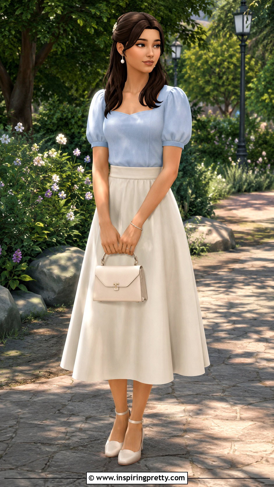 TSR Puff Sleeve Top With A Line Skirt Outfit - 25 Sims 4 Cc Tsr Tops outfit ideas