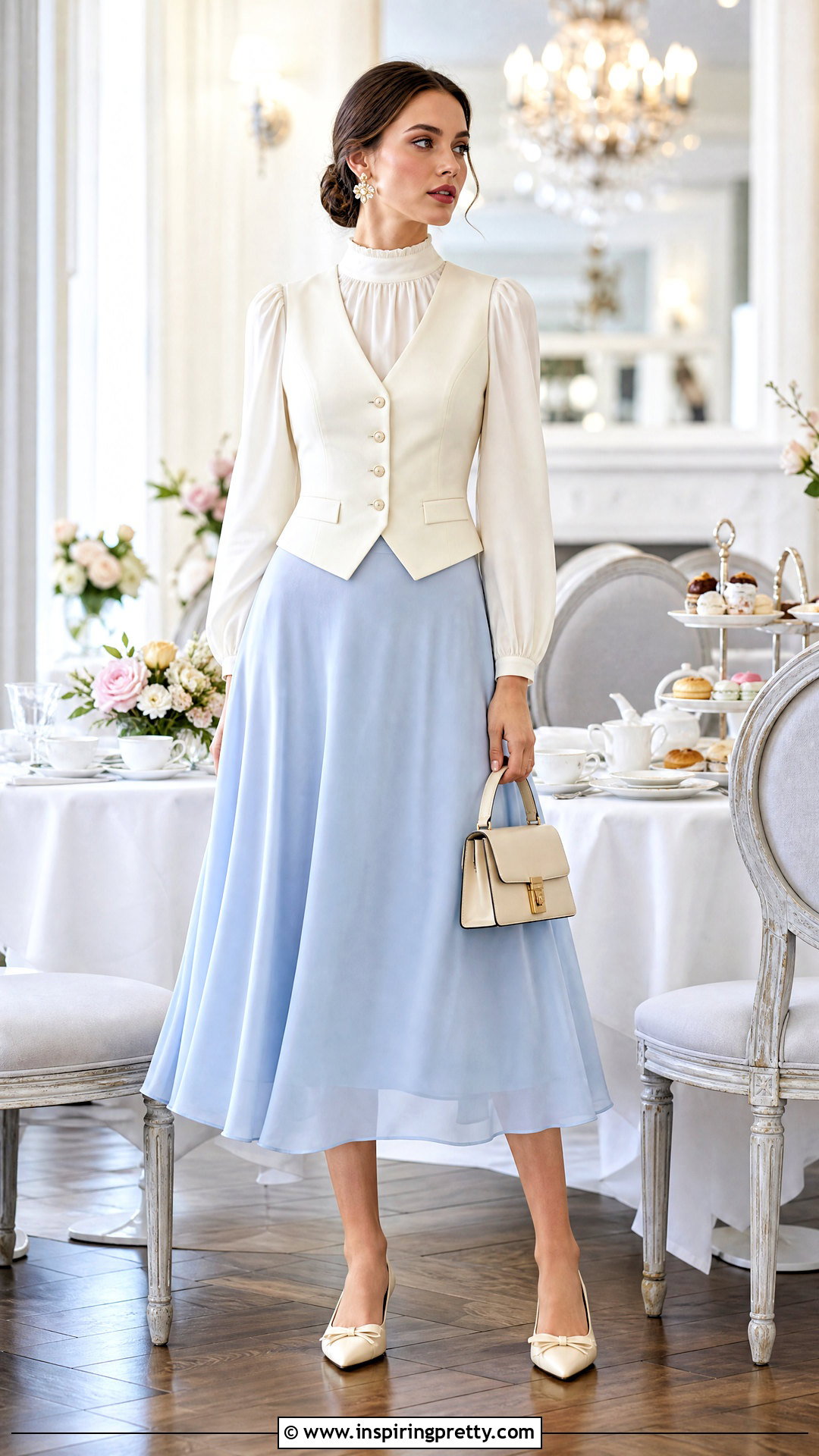 Tailored Vest And Midi Skirt Tea Party Outfit - 25 tea party top outfit ideas