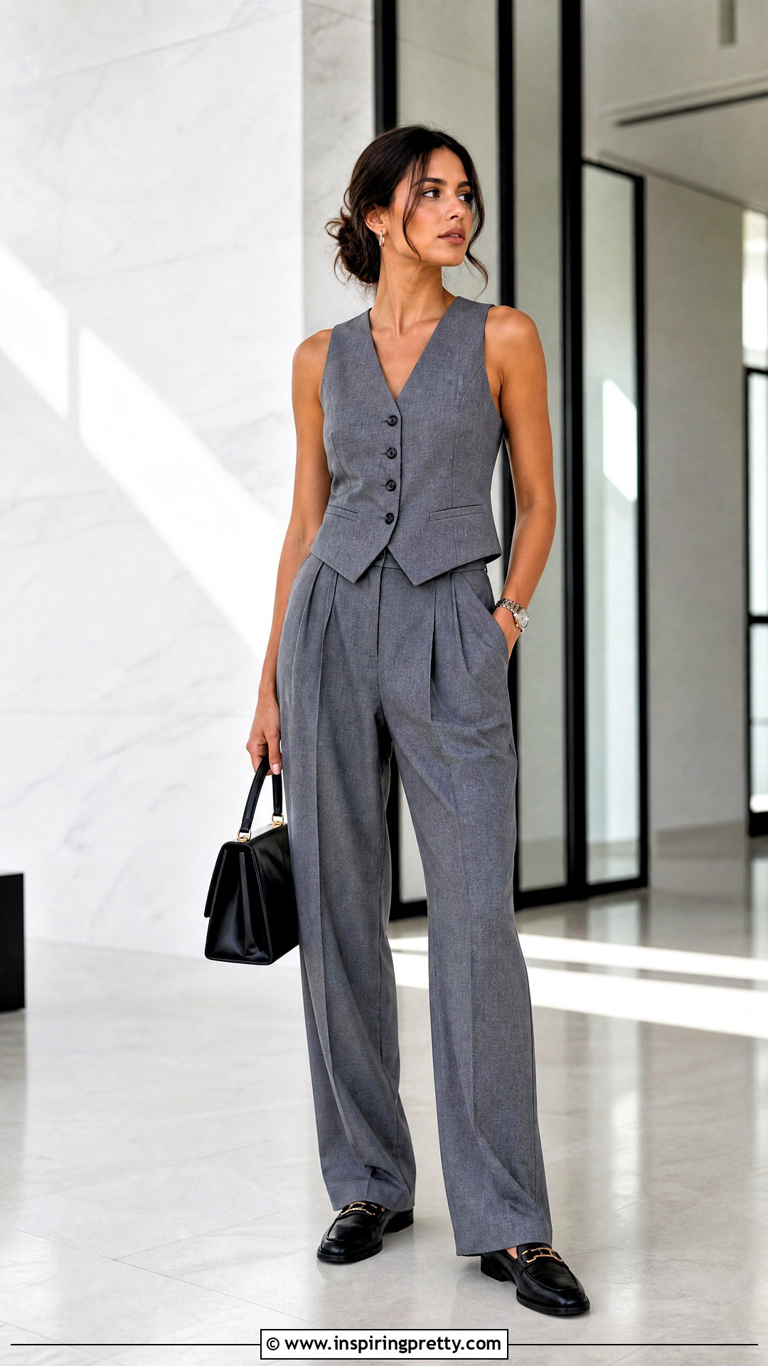Tailored Vest Top With Pleated Pants - 50 classy tops outfit ideas