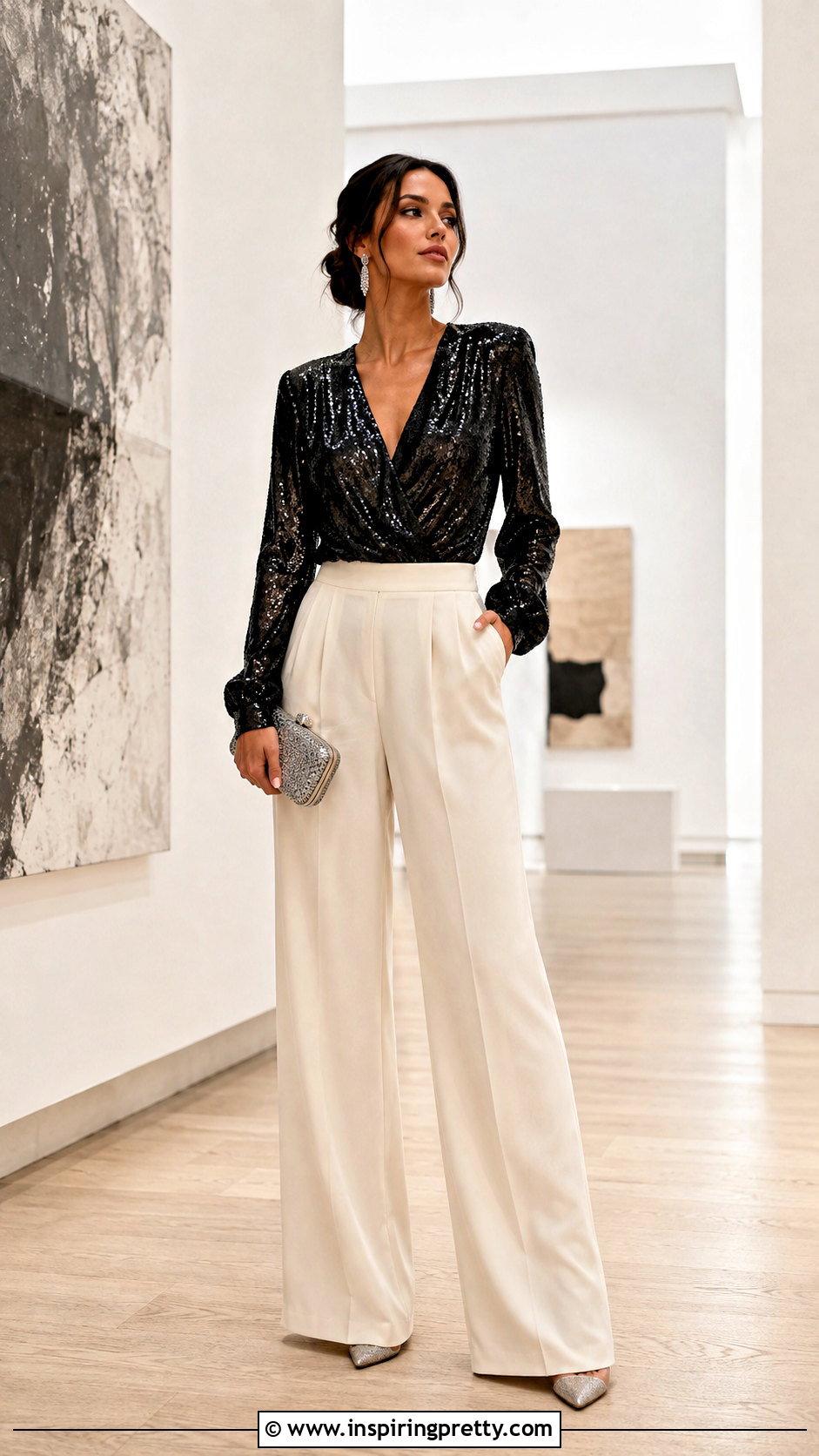 Tall Sparkly Top With Full Length Trousers - 50 sparkly tops outfit ideas