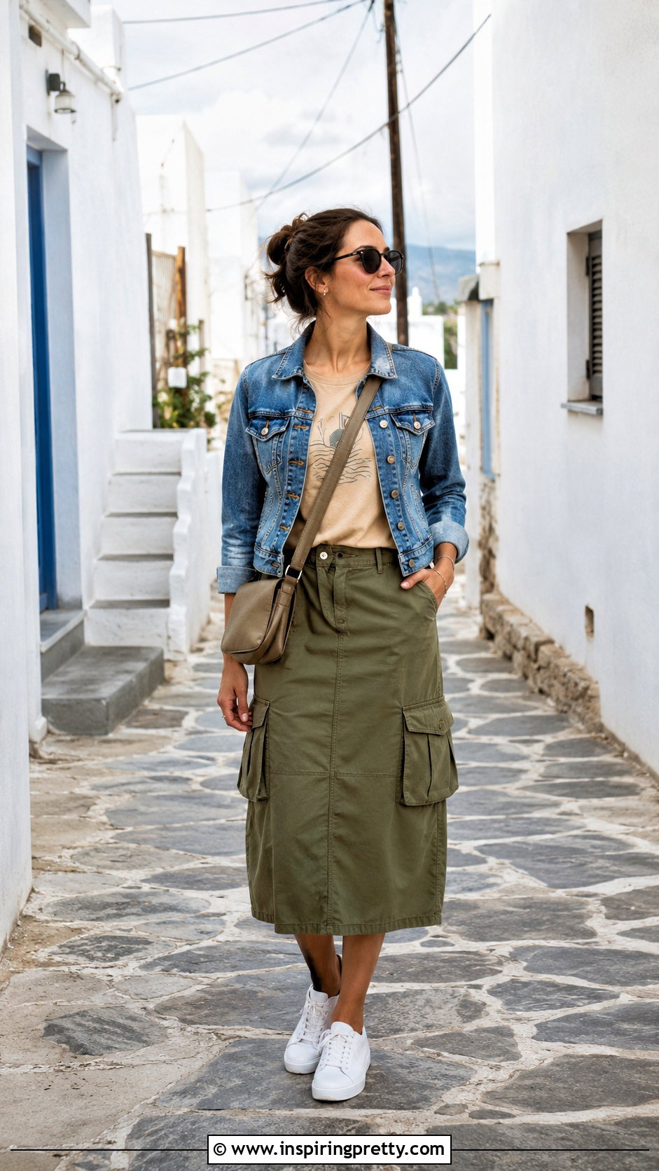 Tan Graphic Top With Cargo Skirt - 50 tan top outfit ideas