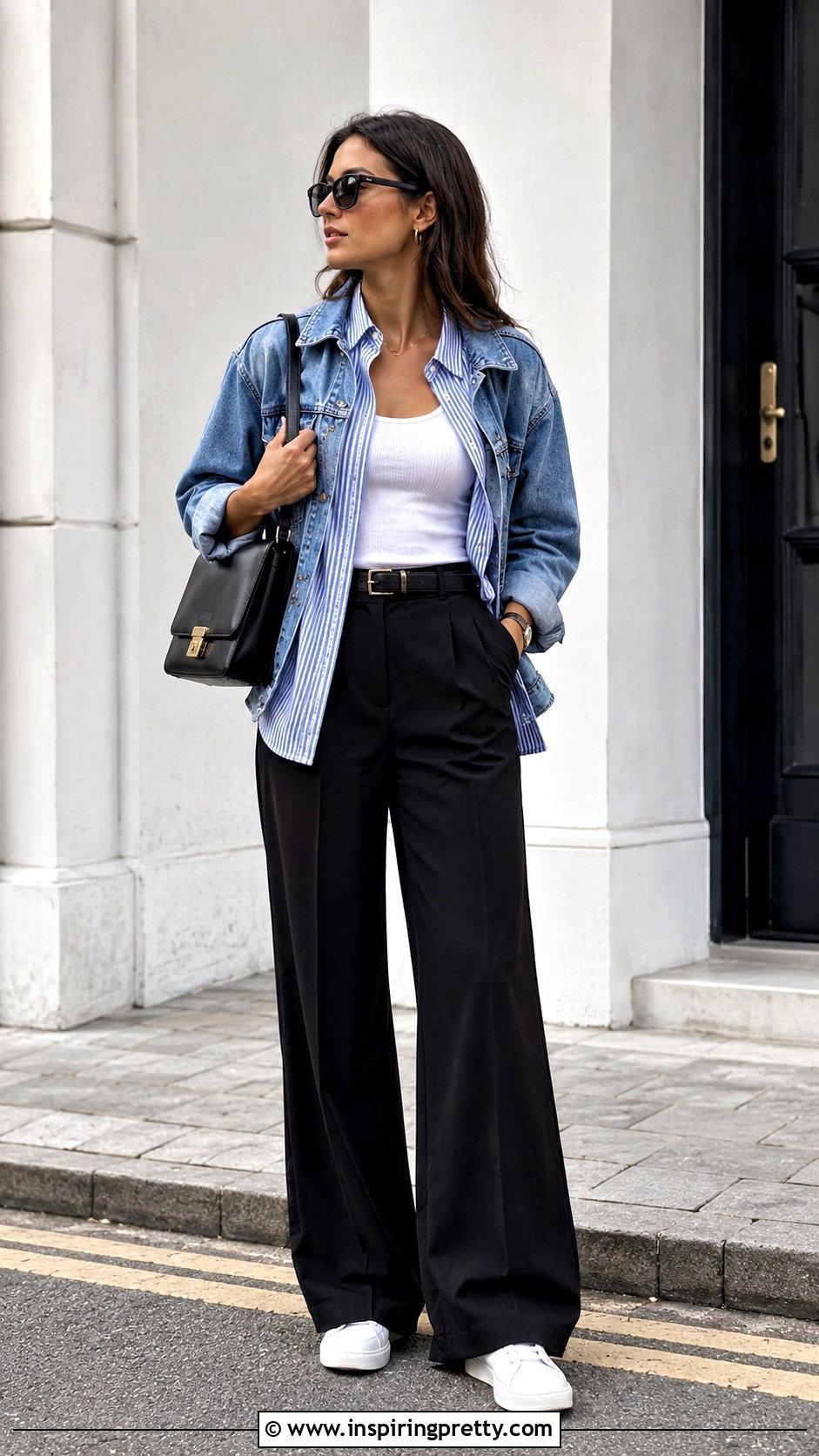 Tank Top Striped Shirt And Denim Jacket Layering Outfit - 50 top layering ideas