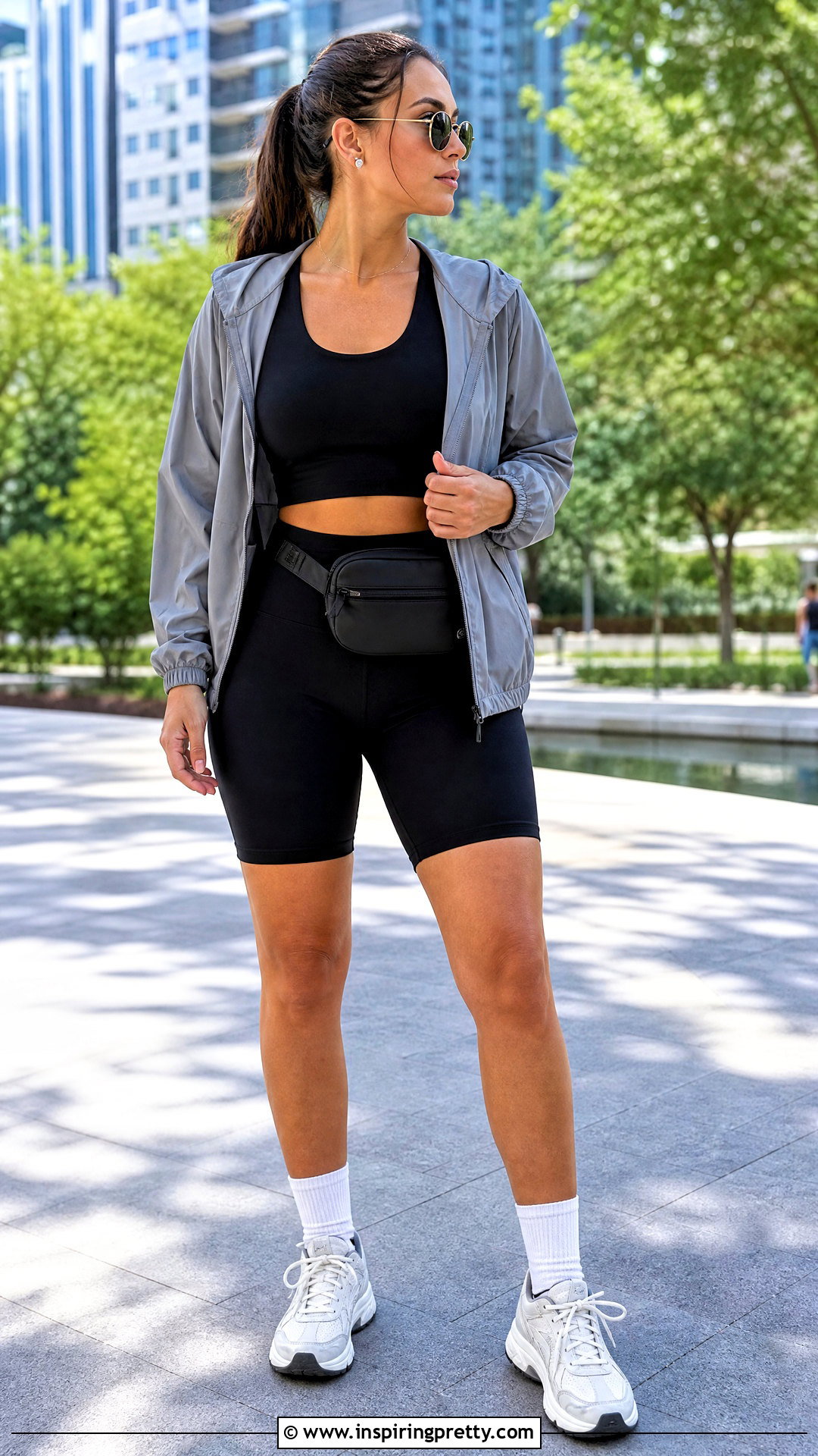 Tank Top With Biker Shorts and a Zip Jacket - how to style a tank top (50 ways)