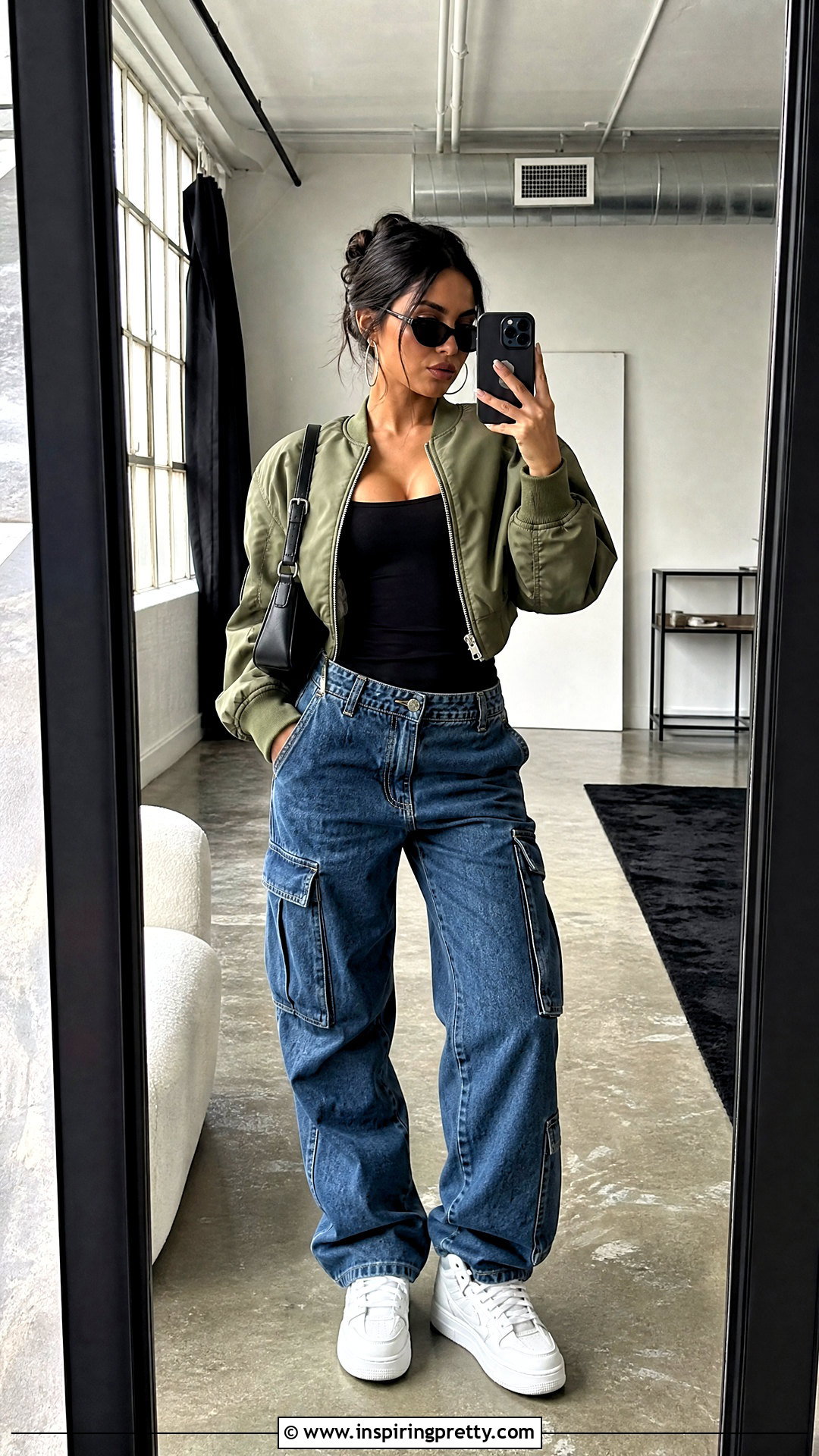 Tank Top With Bomber Jacket And Cargo Jeans - 50 selfie tank top outfit ideas