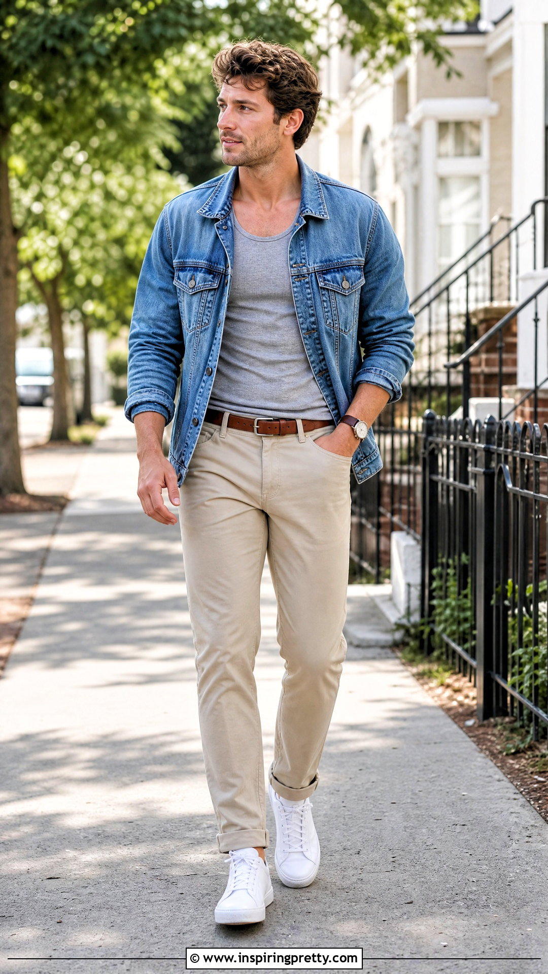 Tank Top With Denim Jacket And Chinos - 50 men tank top outfit ideas