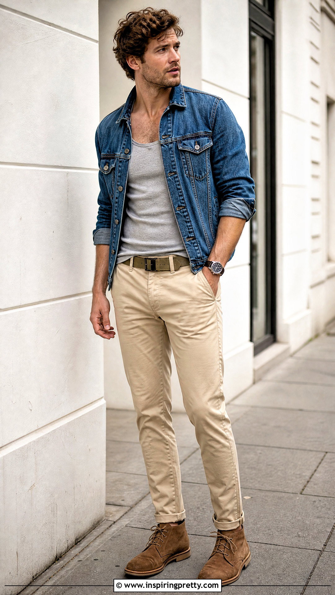 Tank Top With Denim Jacket And Chinos - how to wear a tank top men (20 ways)