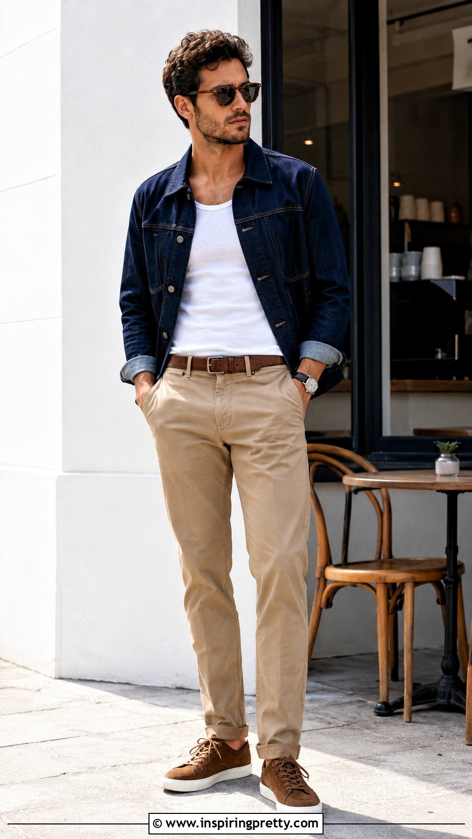Tank Top With Denim Jacket And Chinos - 20 tank top mens outfit ideas