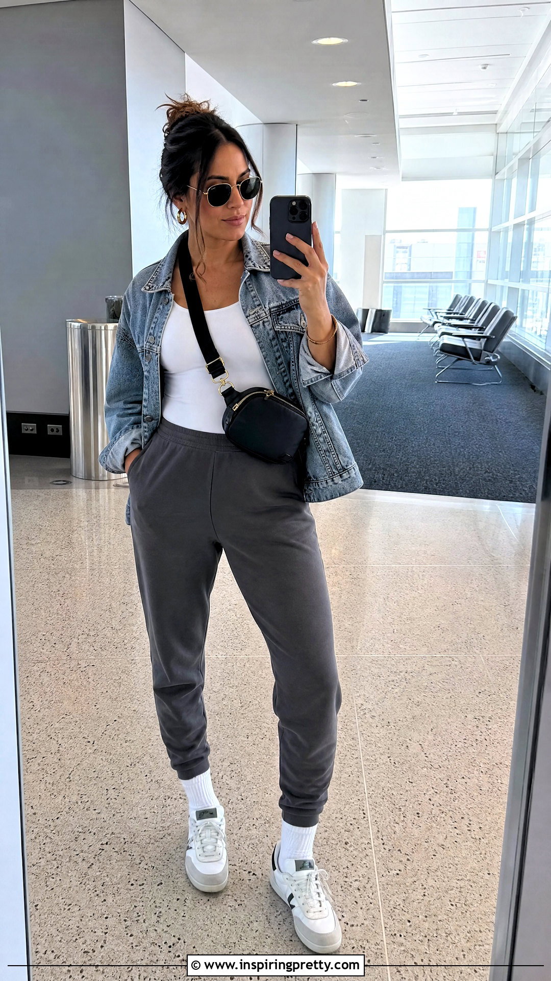 Tank Top With Denim Jacket And Joggers - 50 selfie tank top outfit ideas