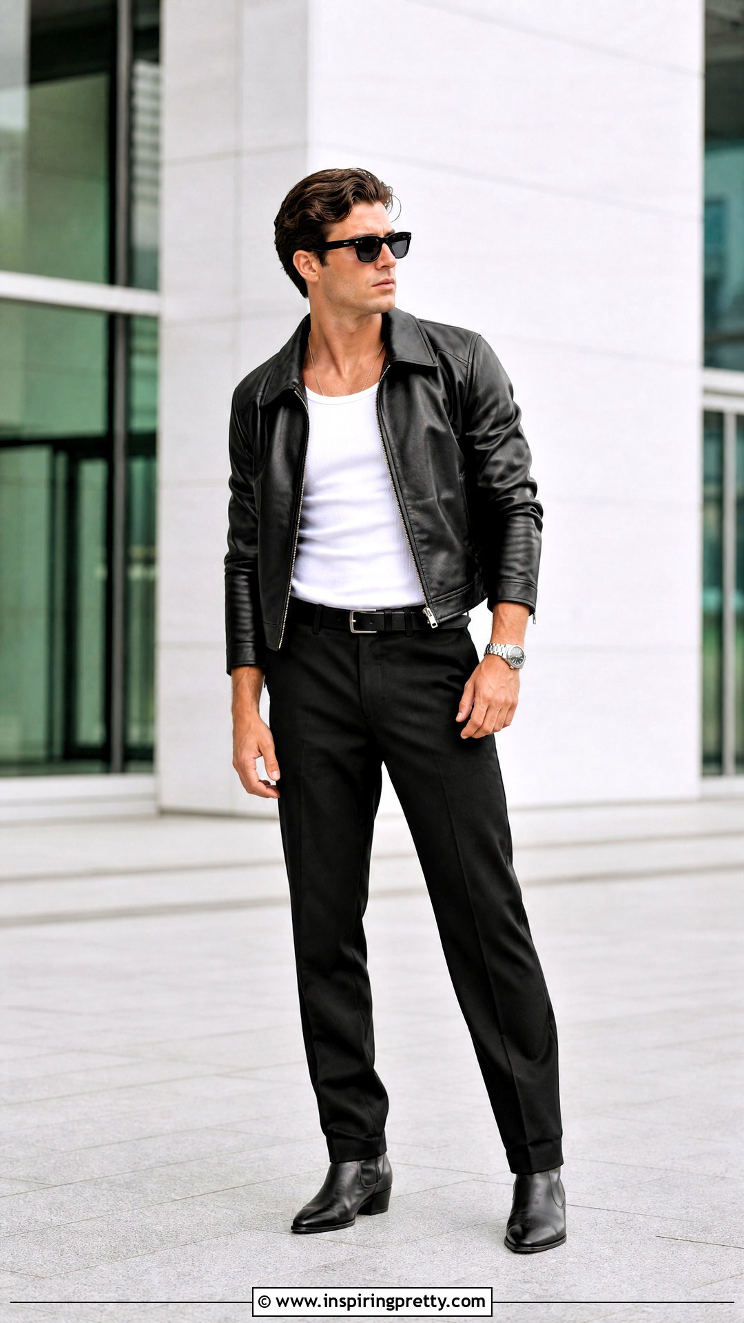 Tank Top With Leather Jacket And Black Pants - 50 men tank top outfit ideas