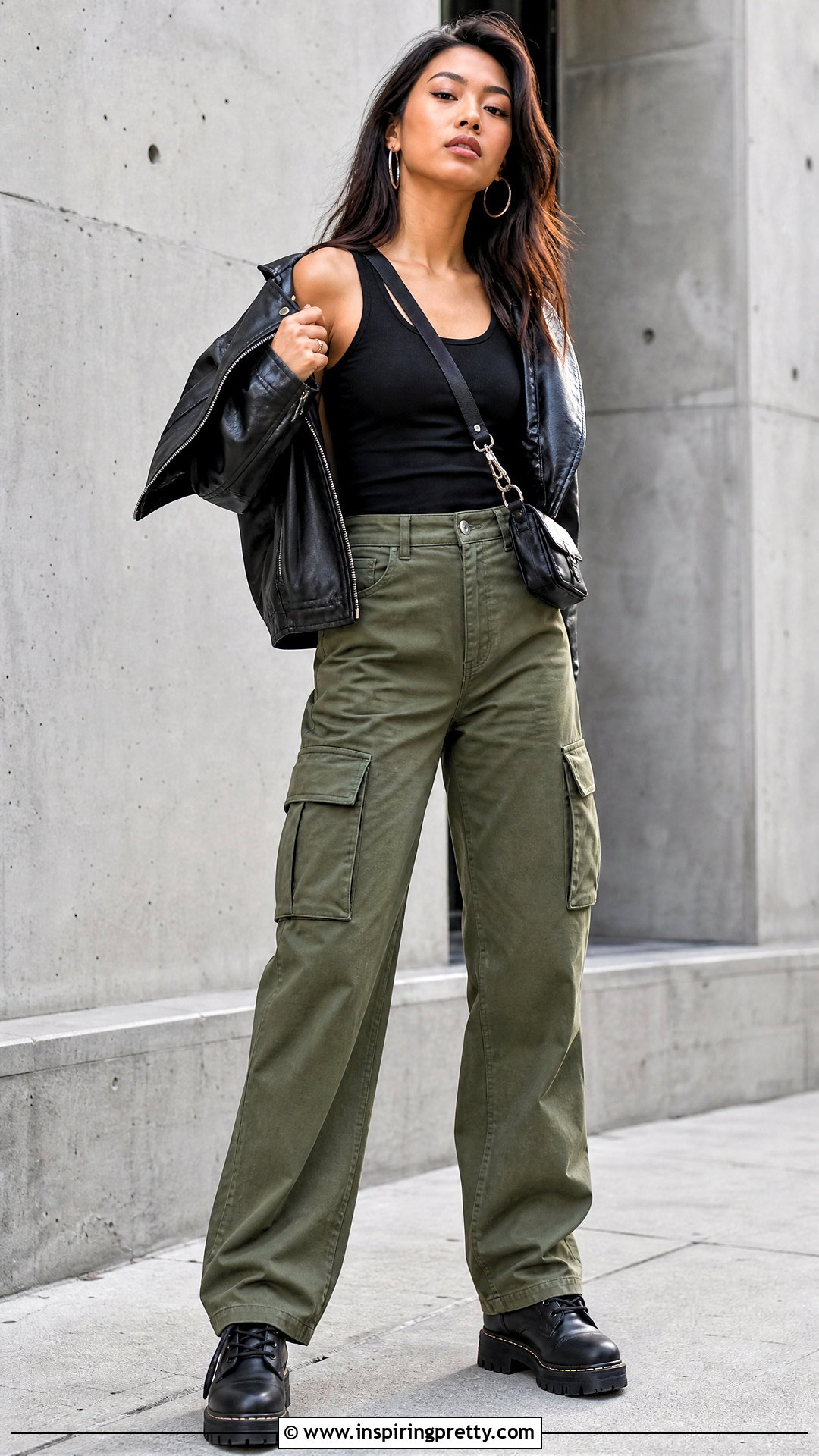 Tank Top With Leather Jacket And Cargo Pants - 20 fall fashion tank top outfit ideas
