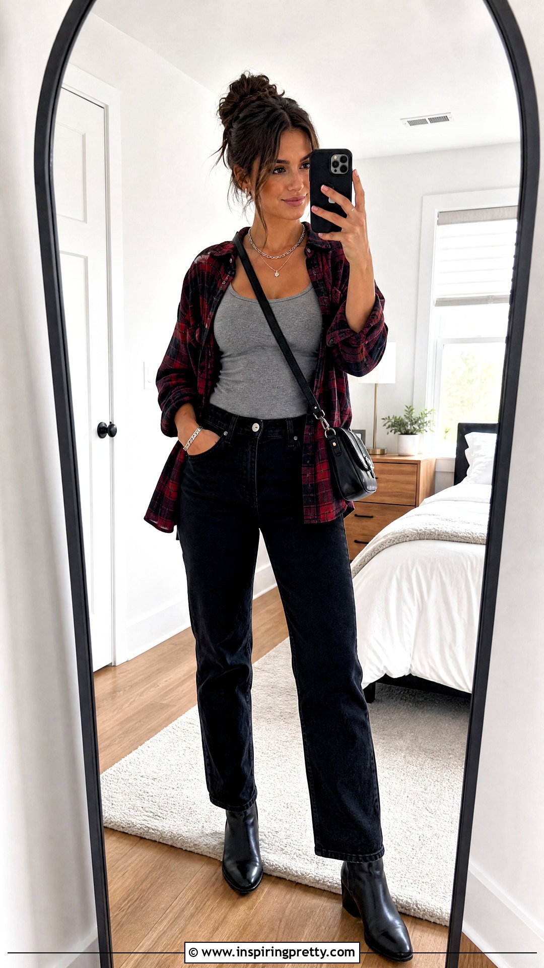 Tank Top With Plaid Shirt And Black Jeans - 50 selfie tank top outfit ideas
