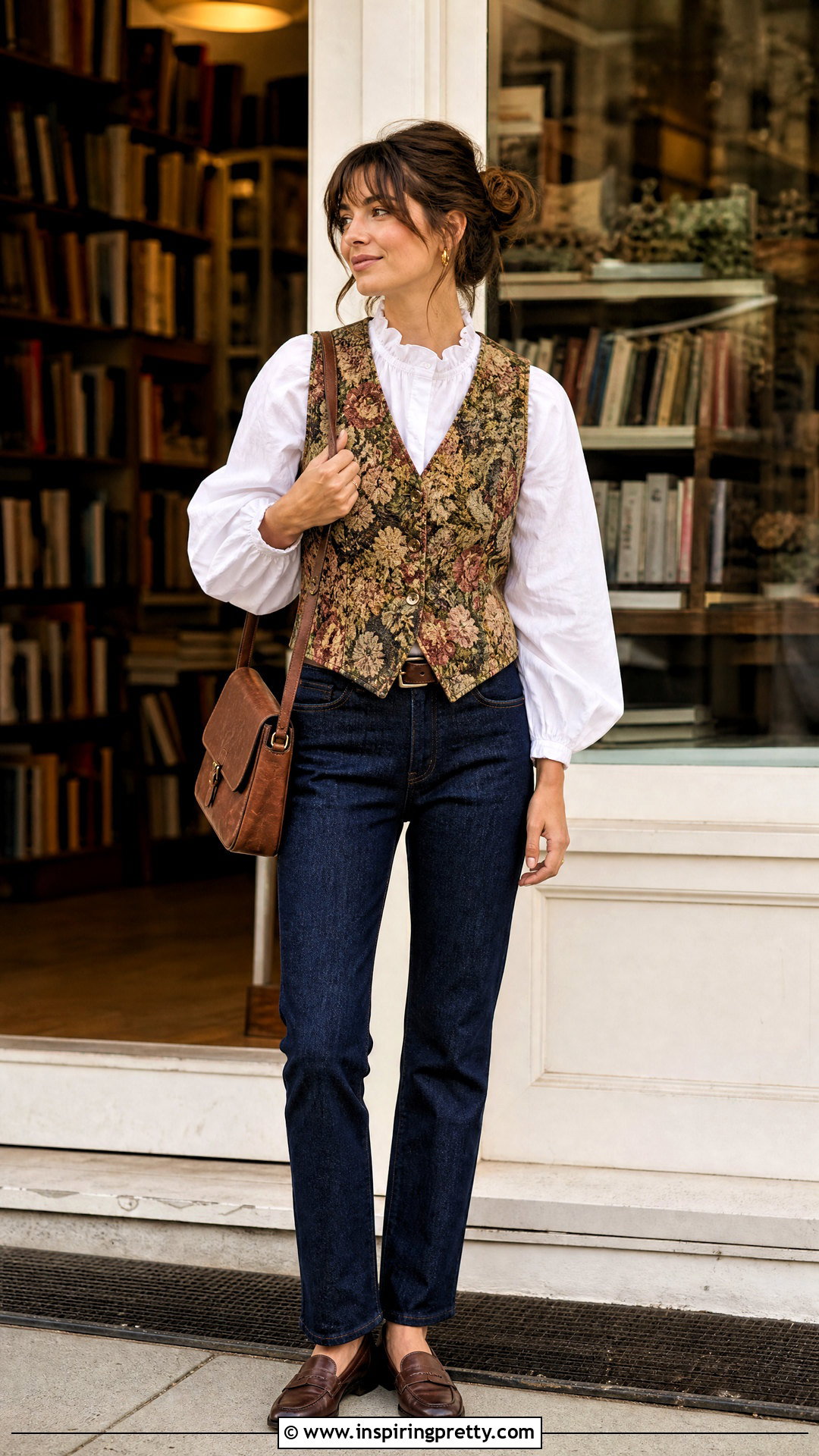 Tapestry Vest With White Blouse And Jeans - 50 whimsical tops outfit ideas