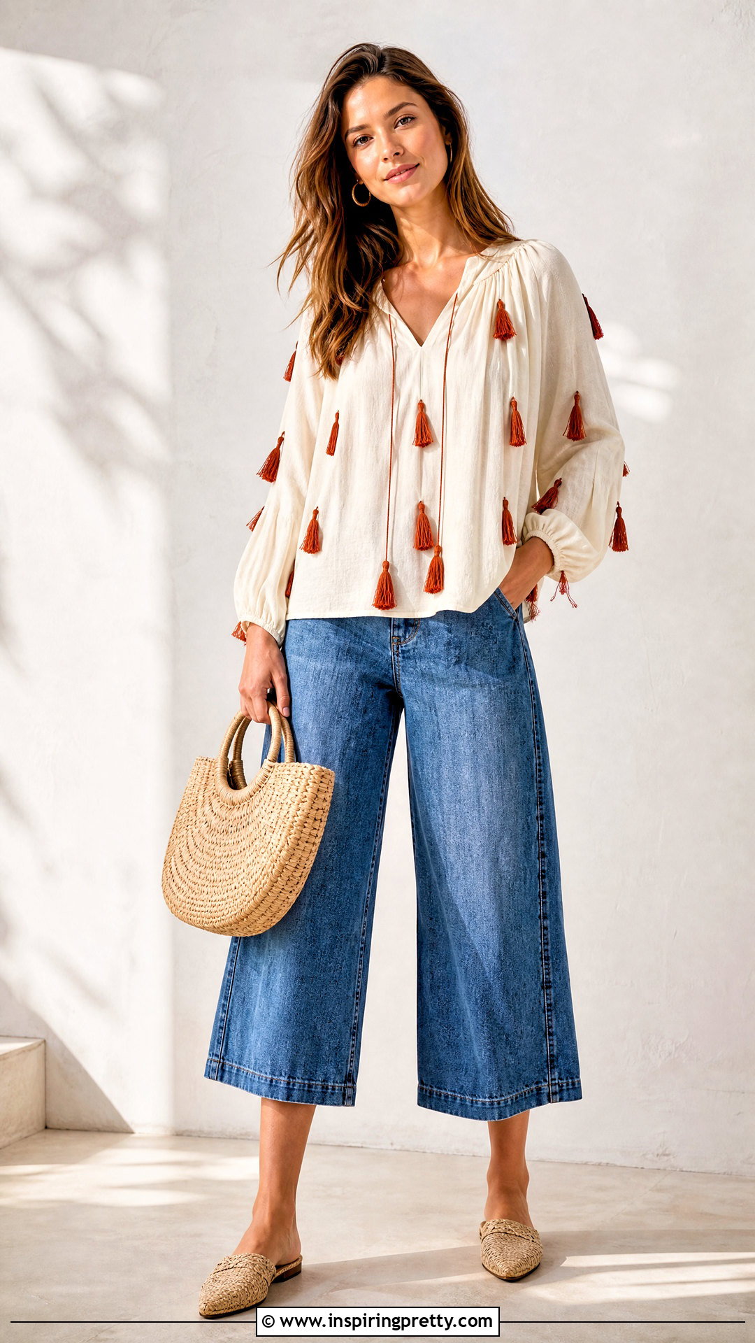 Tassel Trim Blouse With Denim Culottes - 25 diy boho tops upcycled clothing ideas