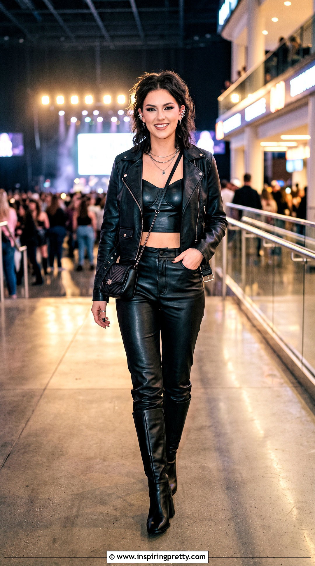 Taylor Swift Black Leather Crop Top and Pants Outfit - 25 Taylor Swift Crop Top Outfits