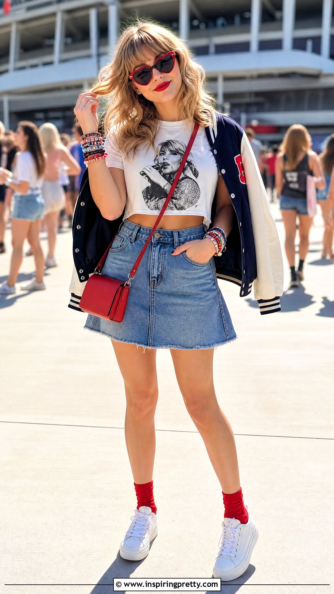 Taylor Swift Graphic Crop Top and Denim Skirt Outfit - 25 Taylor Swift Crop Top Outfits
