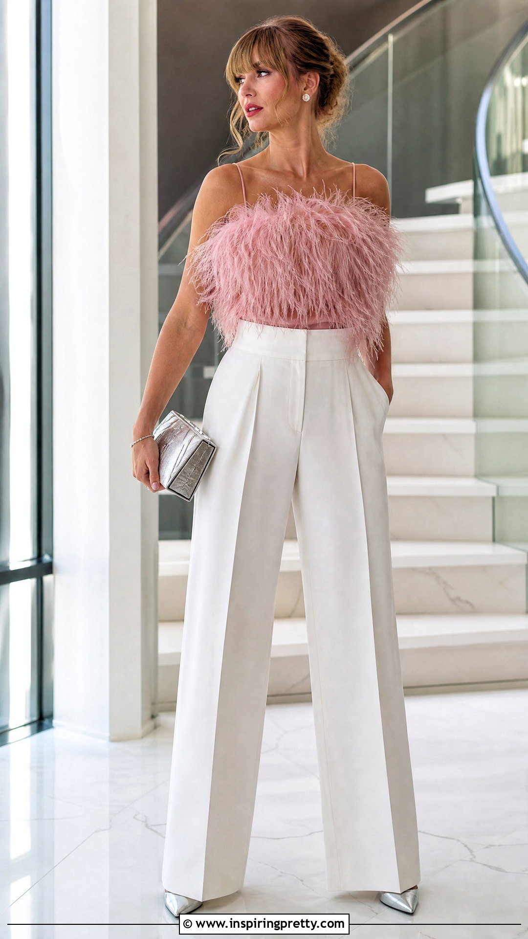 Taylor Swift Pink Feather Top With Tailored Pants - 20 Taylor Swift Pink Top outfit ideas
