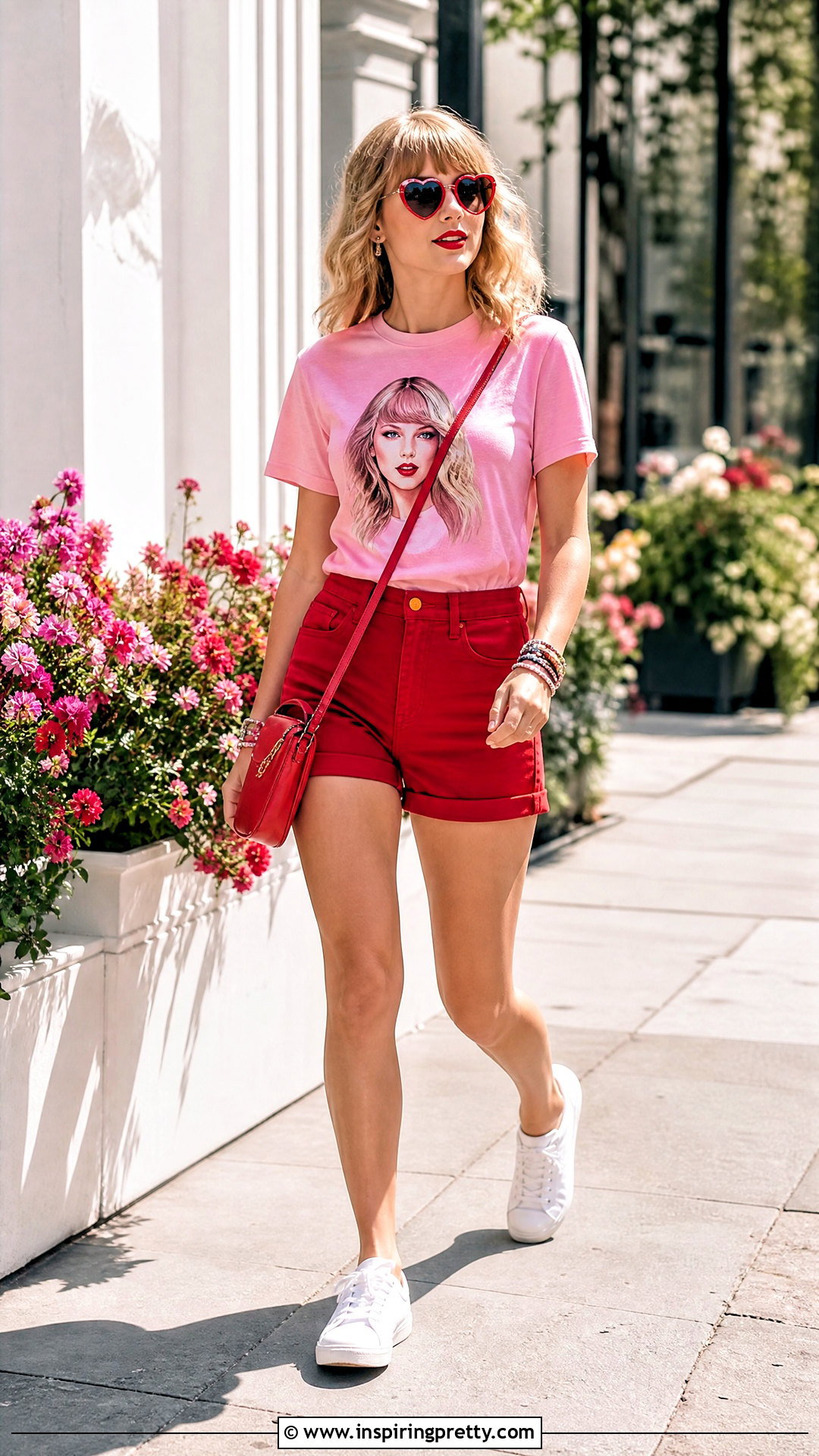 Taylor Swift Pink Graphic Tee With Red Shorts - 20 Taylor Swift Pink Top outfit ideas
