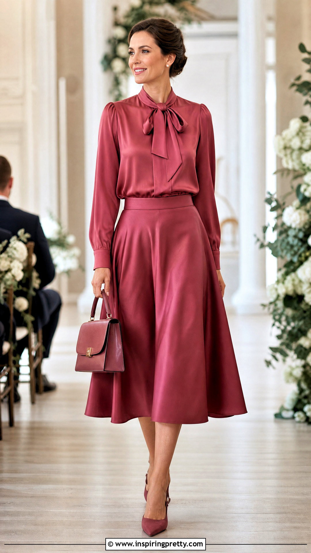 Tea Length Skirt And Bow Neck Blouse - 50 wedding guest skirt and top outfit ideas