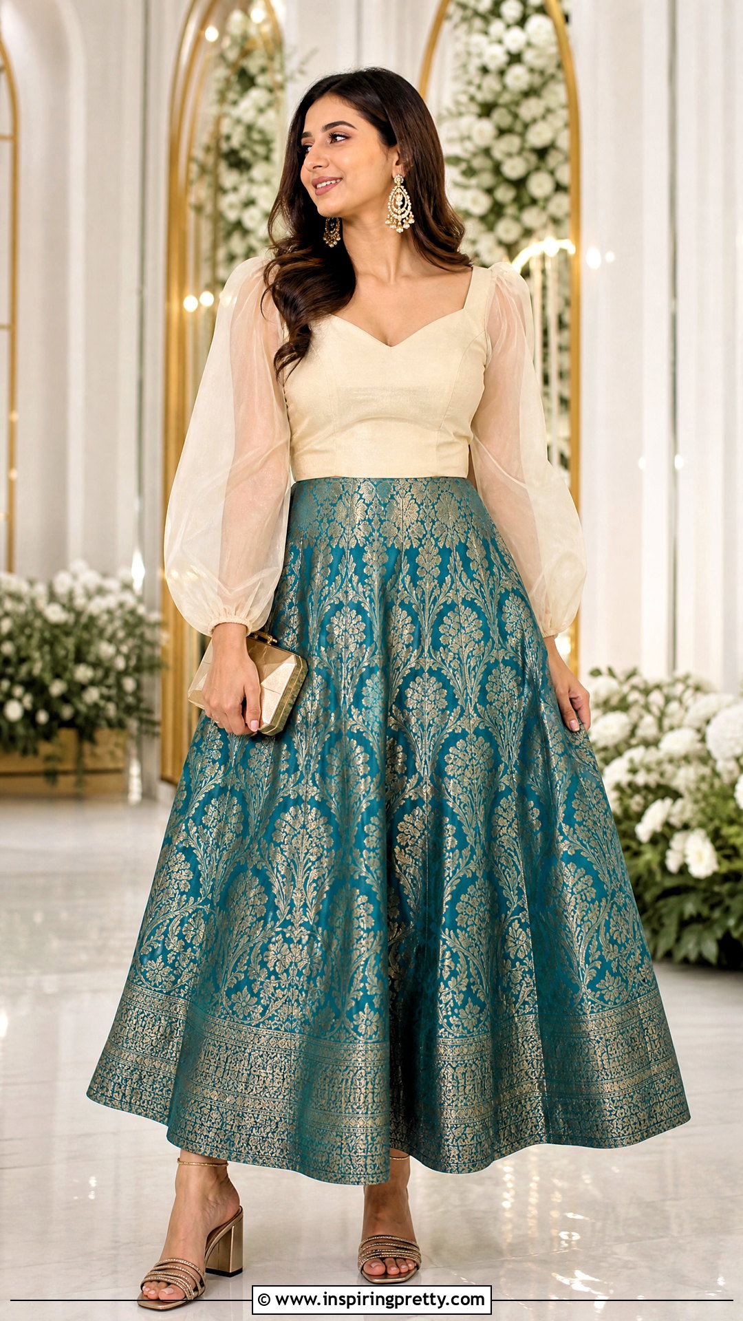 Teal Banarasi Skirt With Balloon Sleeve Top - 50 banarasi skirt and top outfit ideas