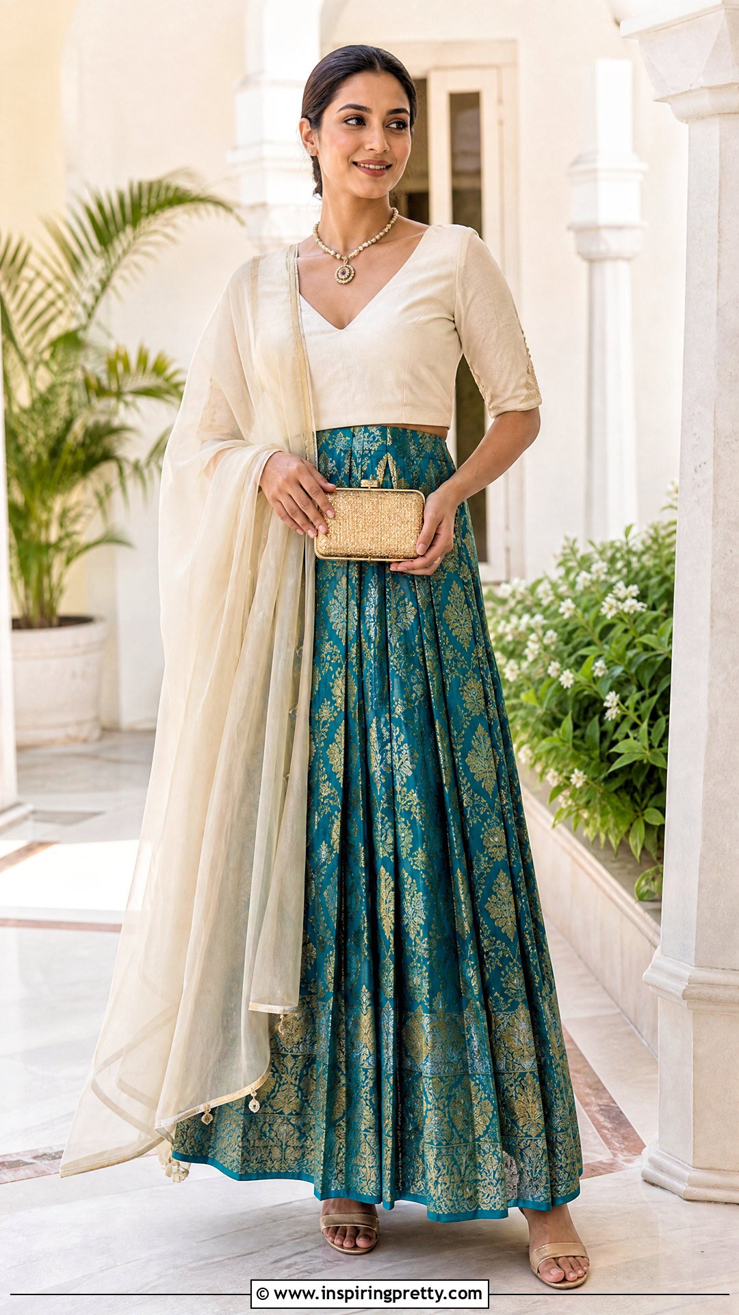 Teal Banarasi Skirt With V Neck Blouse - 50 banarasi skirt and top outfit ideas