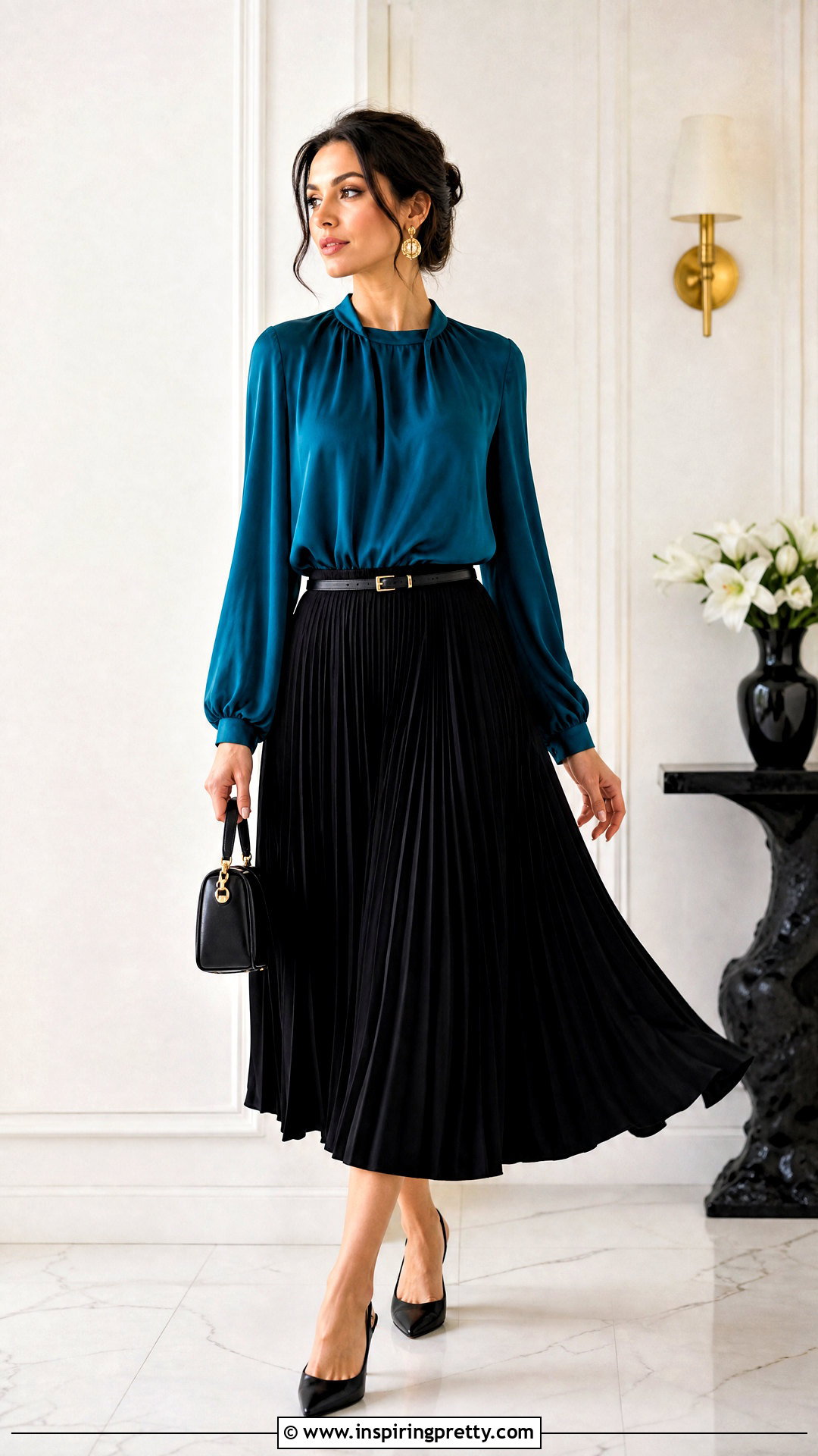 Teal Blouse With Black Midi Skirt - How To Style Teal Tops (20 Ways)