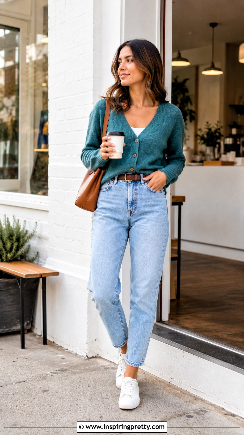 Teal Cardigan Top With Mom Jeans - 50 teal top outfit ideas