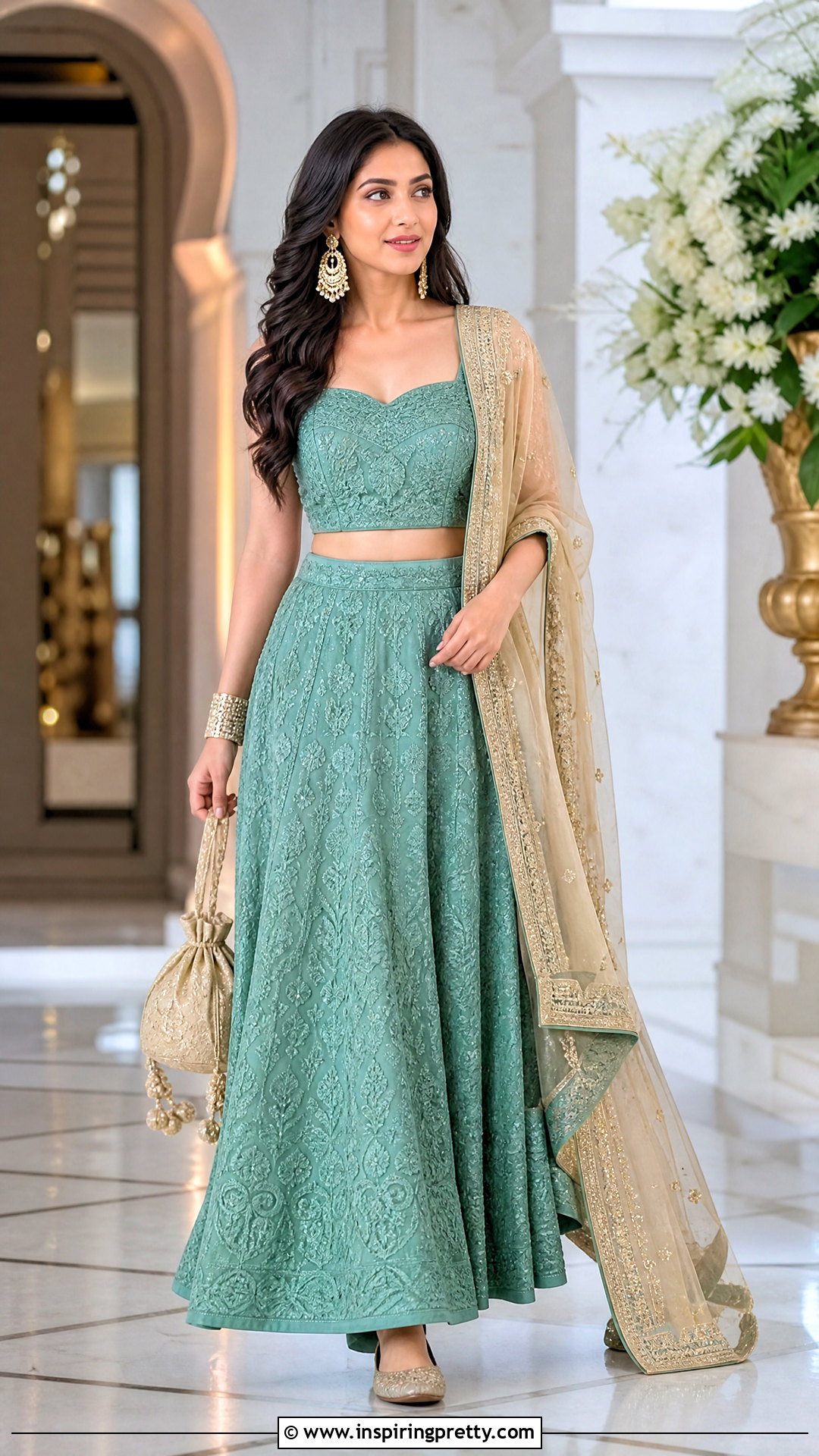 Teal Chikankari Crop Top Lehenga Outfit - 25 chikankari crop top lehenga outfits