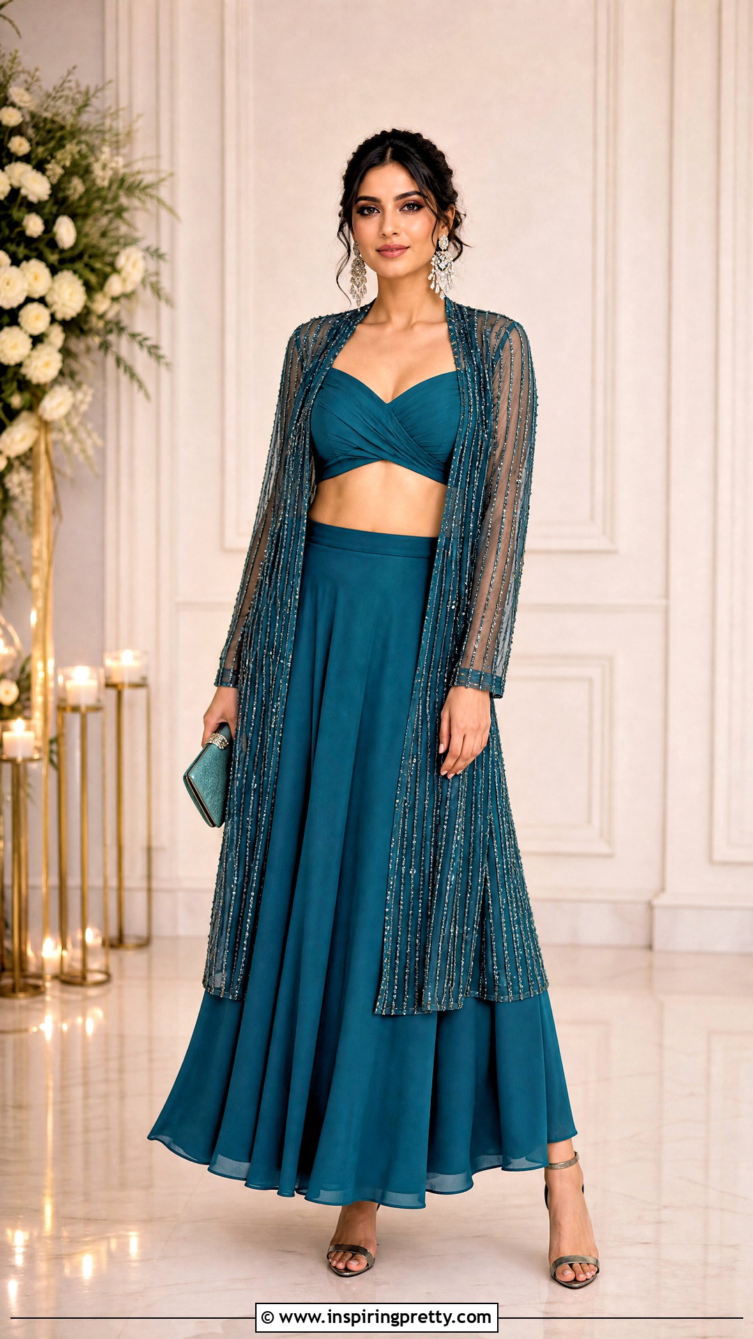 Teal Crop Top Lehenga With Beaded Jacket - 50 crop top lehenga with jacket outfit ideas