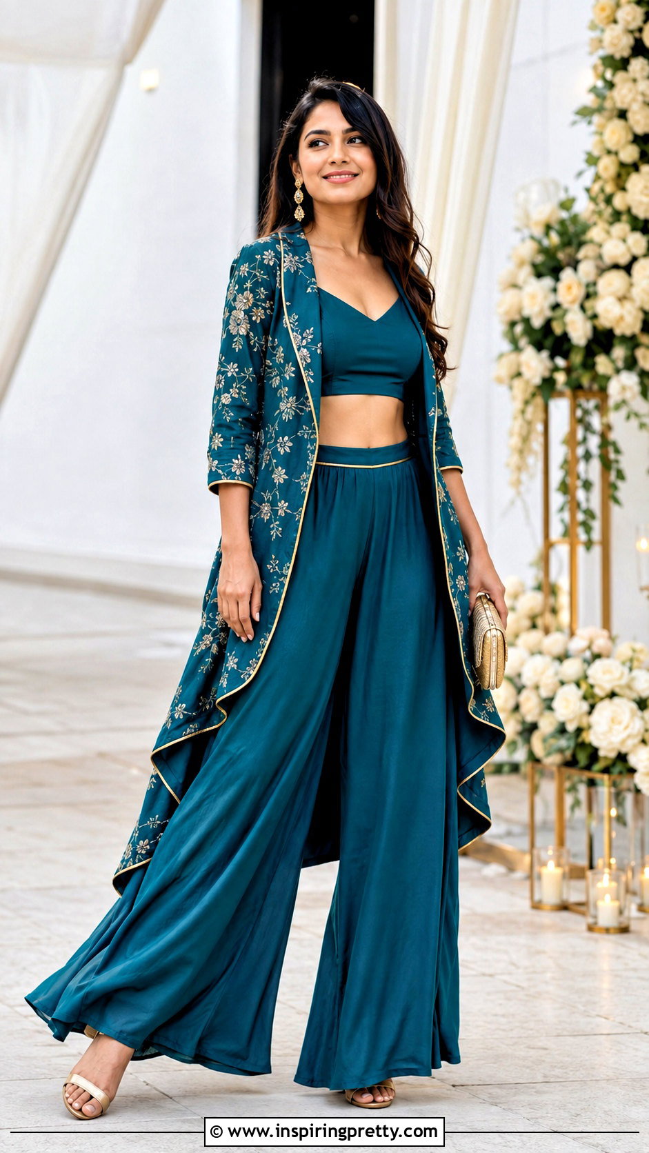 Teal Crop Top Palazzo With Asymmetric Jacket - 25 crop top palazzo with jacket indian outfit ideas