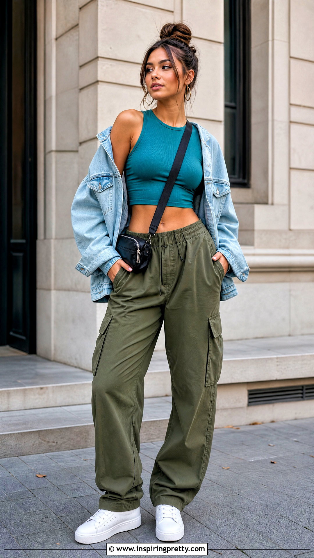 Teal Crop Top With Olive Cargo Pants - How To Style Teal Tops (20 Ways)