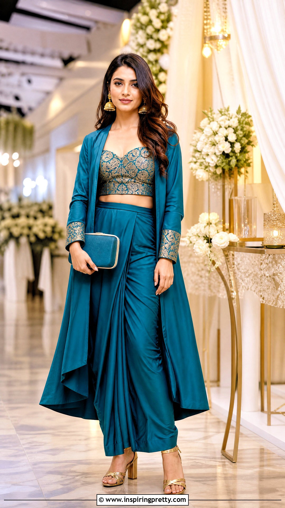 Teal Dhoti Skirt With Brocade Crop Top And Jacket - 25 dhoti skirt with crop top and jacket outfit ideas
