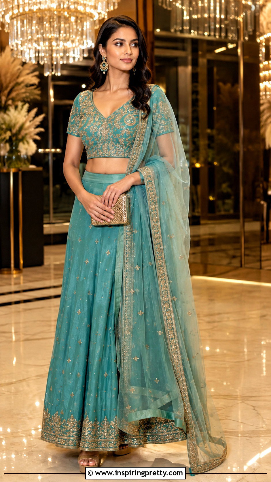 Teal Embroidered Lehenga Crop Top Outfit - 50 party wear lehenga crop tops outfit ideas