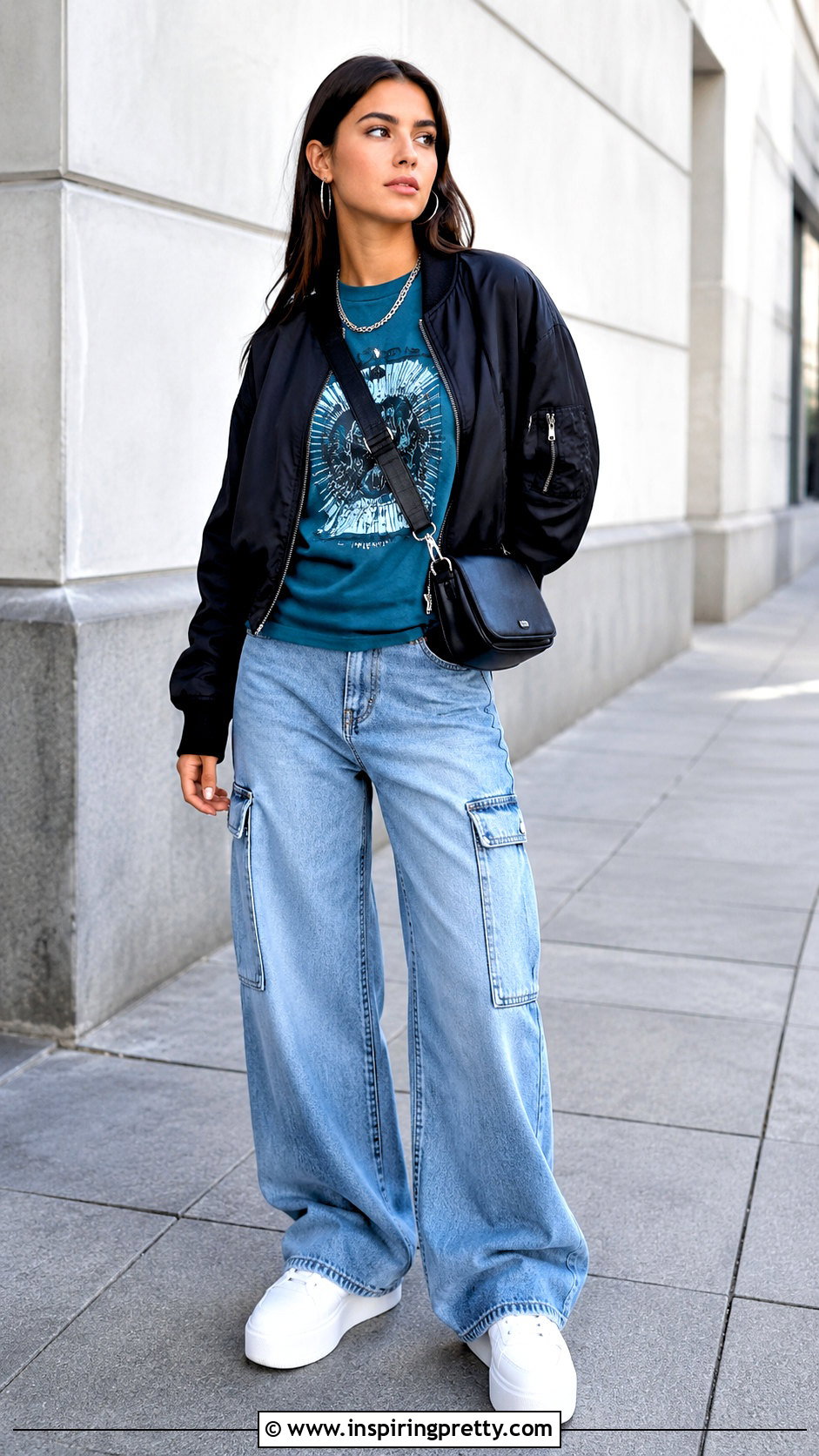 Teal Graphic Top With Cargo Jeans - 50 teal top outfit ideas