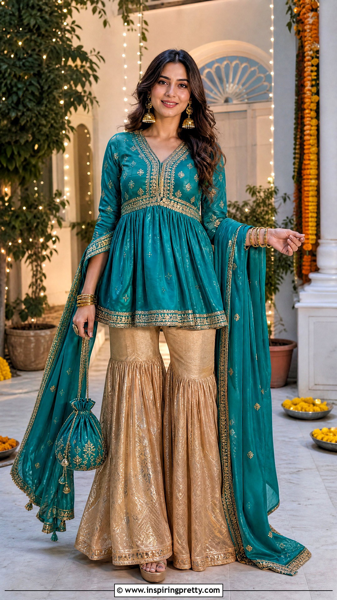 Teal Indian Peplum Top With Gold Sharara - 50 indian peplum top outfits