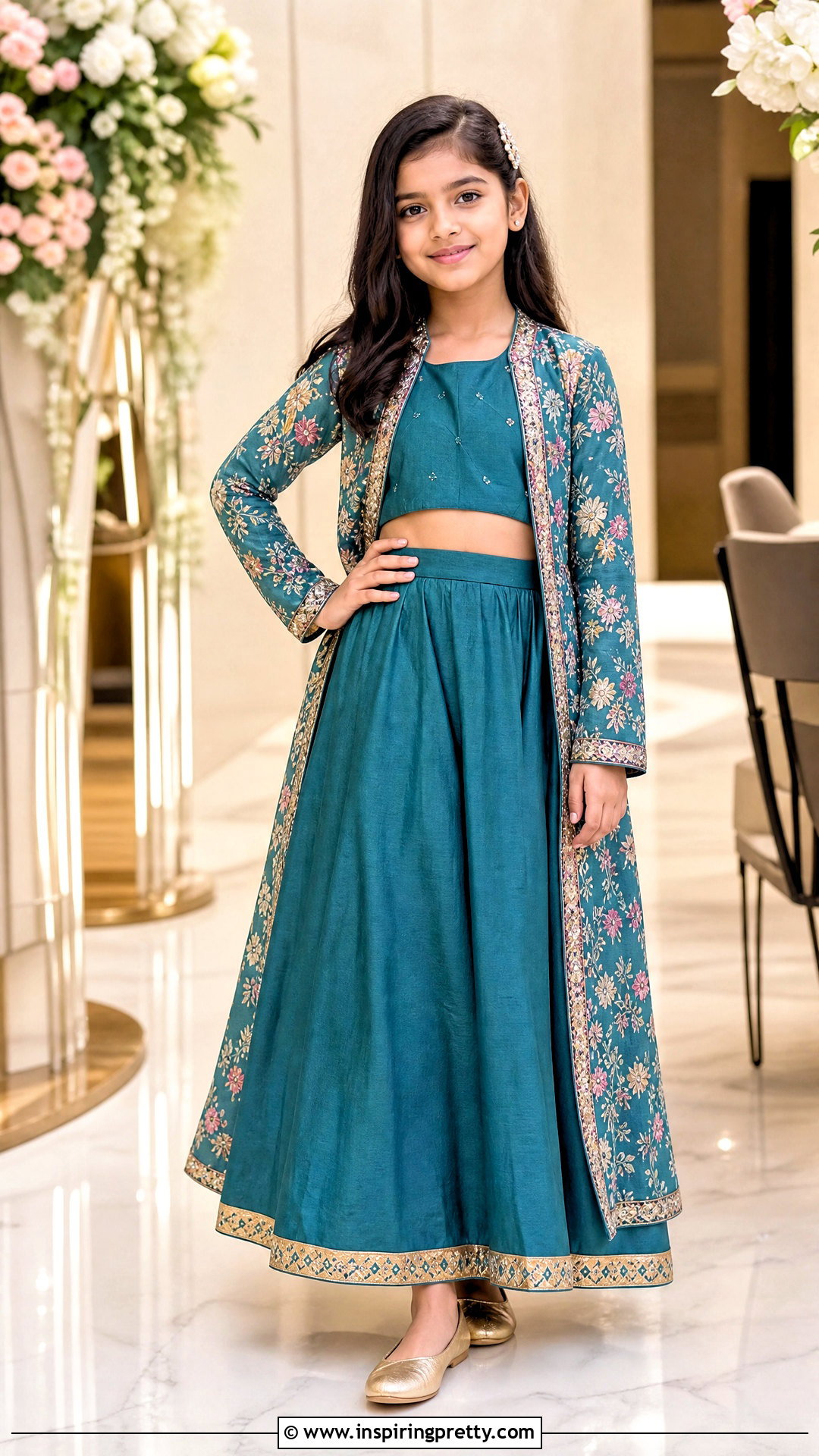 Teal Jacket Kids Crop Top Lehenga - 50 kids crop top lehenga designs