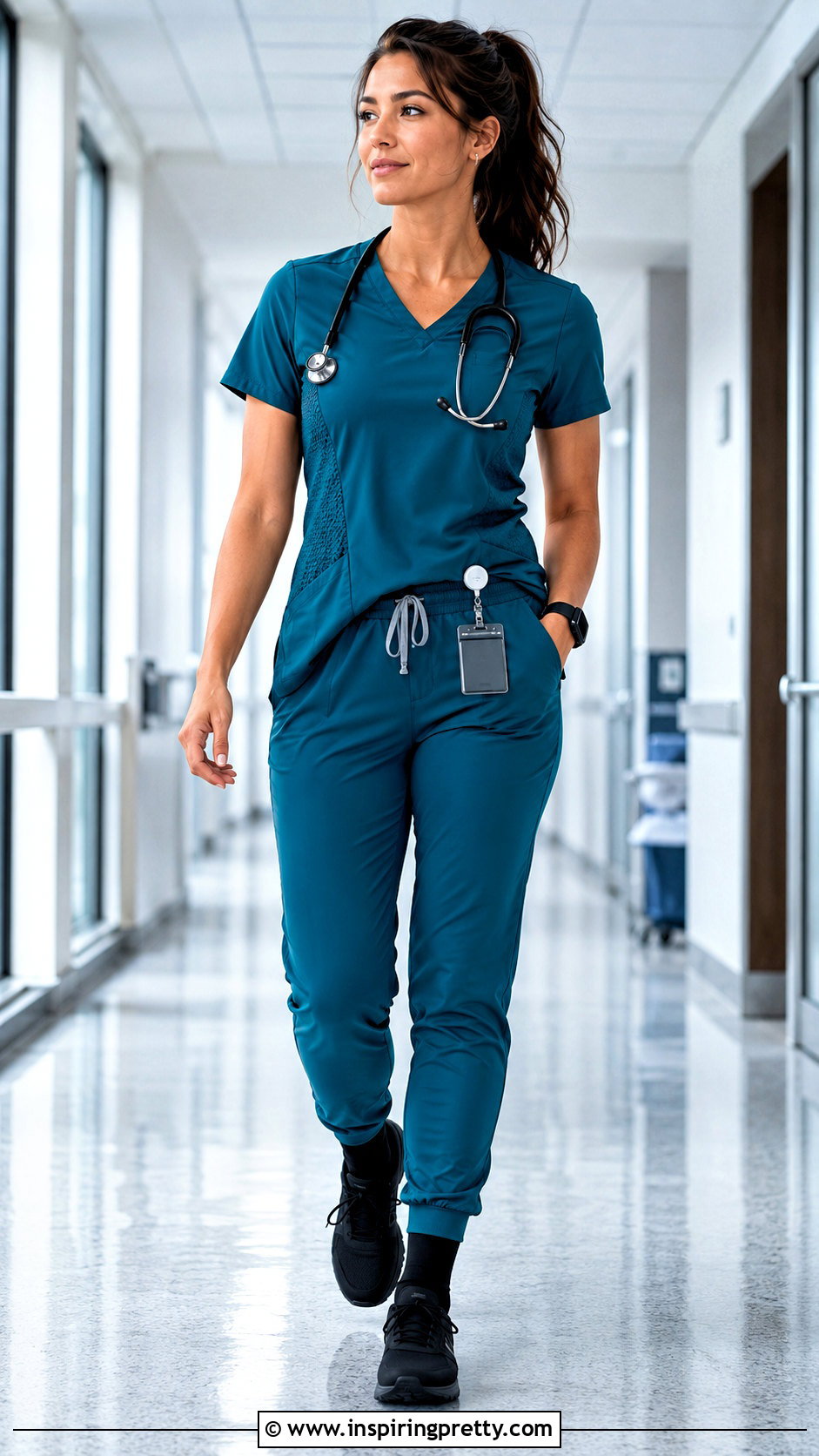 Teal Knit Panel Nurse Scrub Top With Joggers - 25 nurses uniform tops outfit ideas