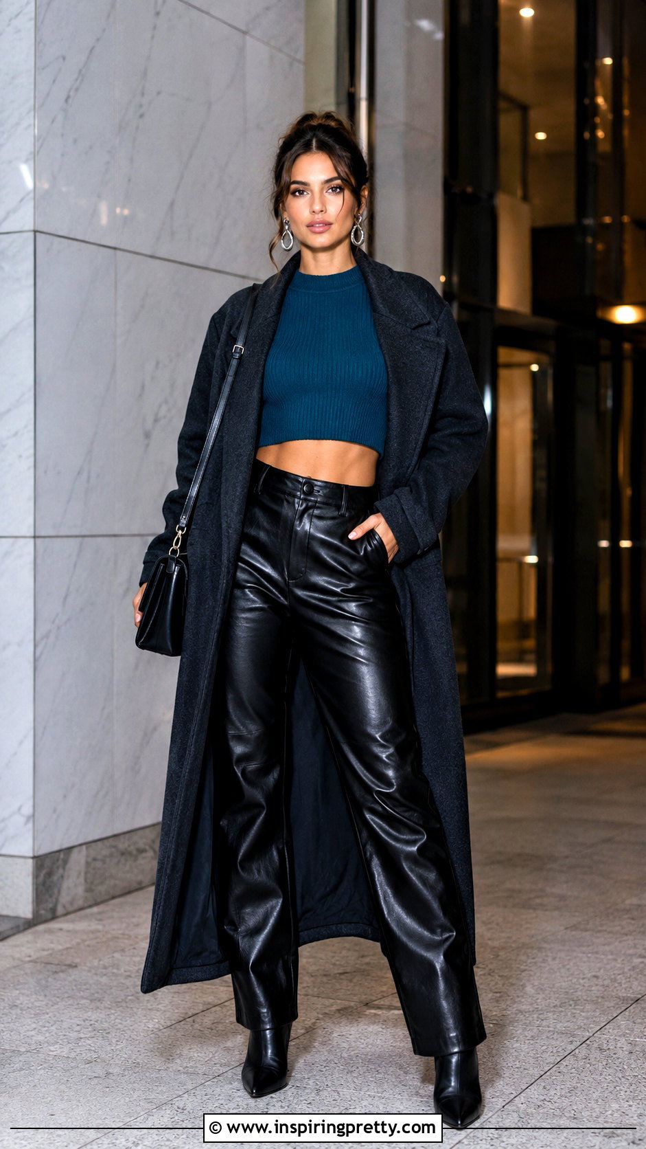 Teal Knitted Crop Top With Black Faux Leather Pants - 20 teal knitted crop top outfit ideas