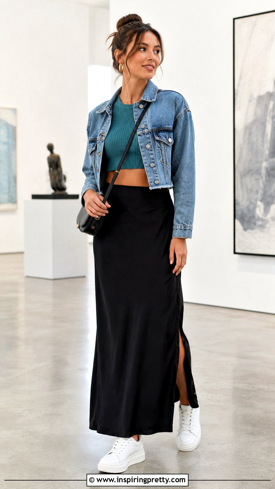 Teal Knitted Crop Top With Black Maxi Skirt And Sneakers - 20 teal knitted crop top outfit ideas