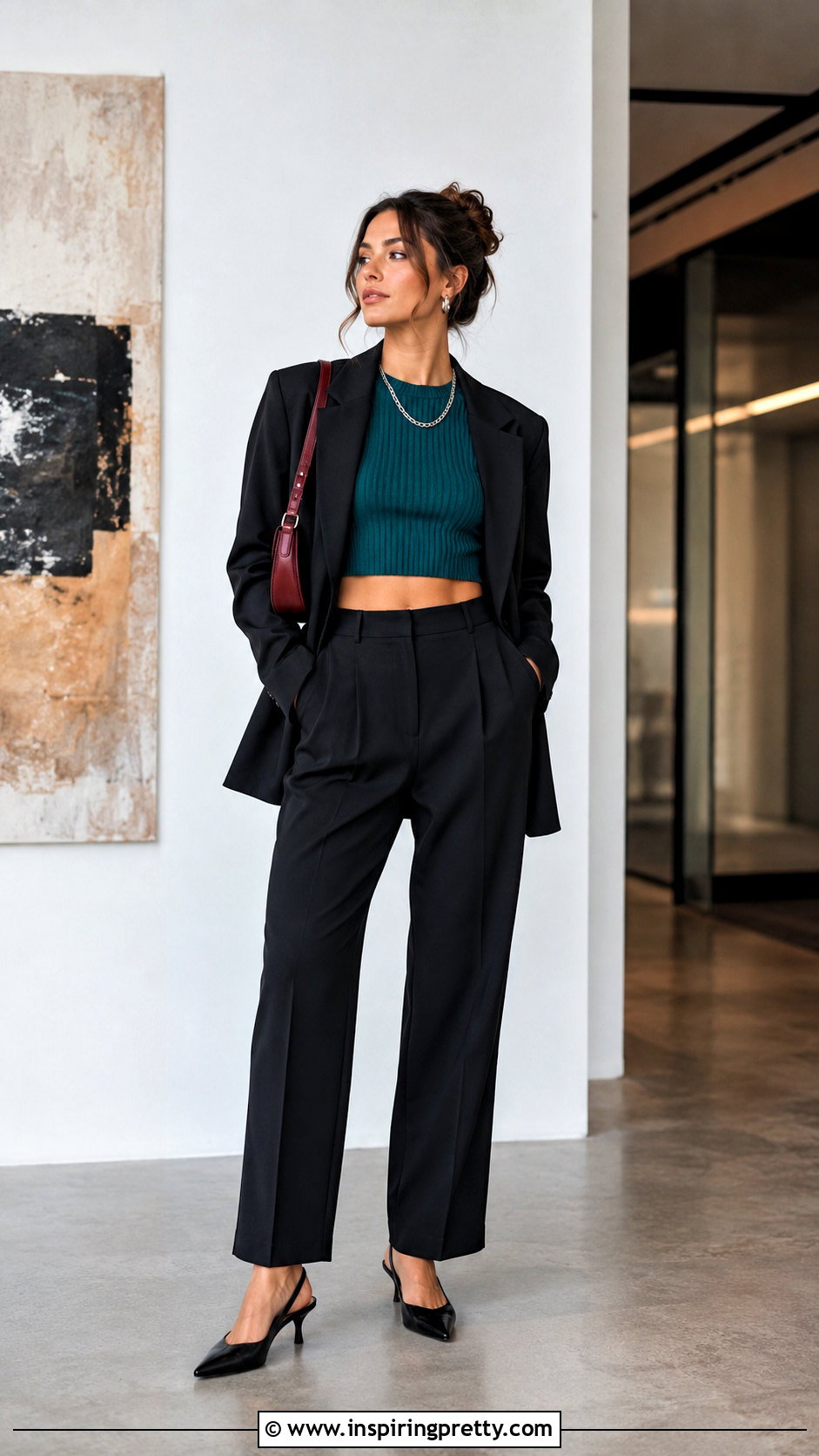 Teal Knitted Crop Top With Black Tailored Trousers - 20 teal knitted crop top outfit ideas