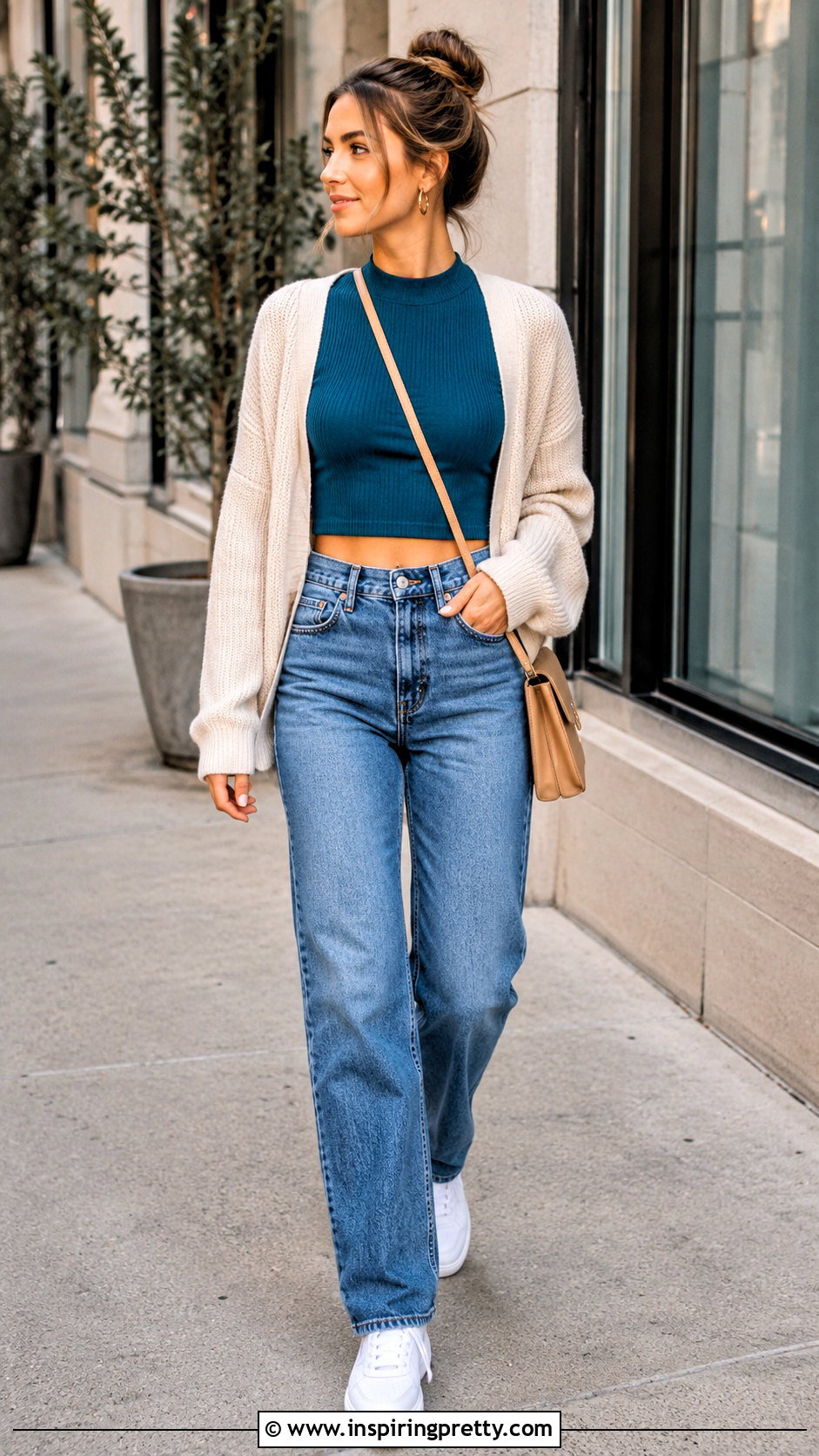 Teal Knitted Crop Top With High Waisted Jeans - 20 teal knitted crop top outfit ideas